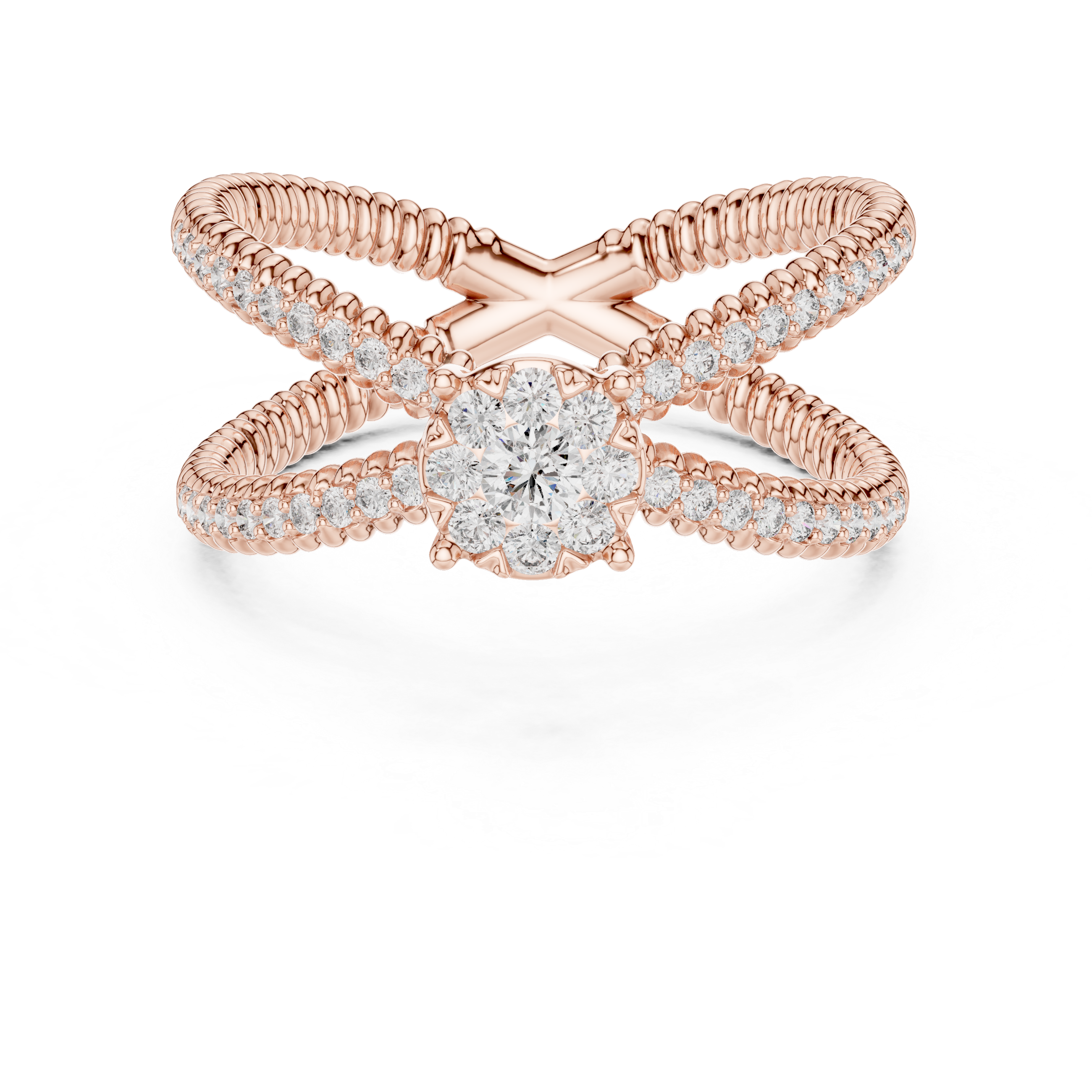 Twist Band Ring with Floral Diamond Cluster and Pave Diamonds.