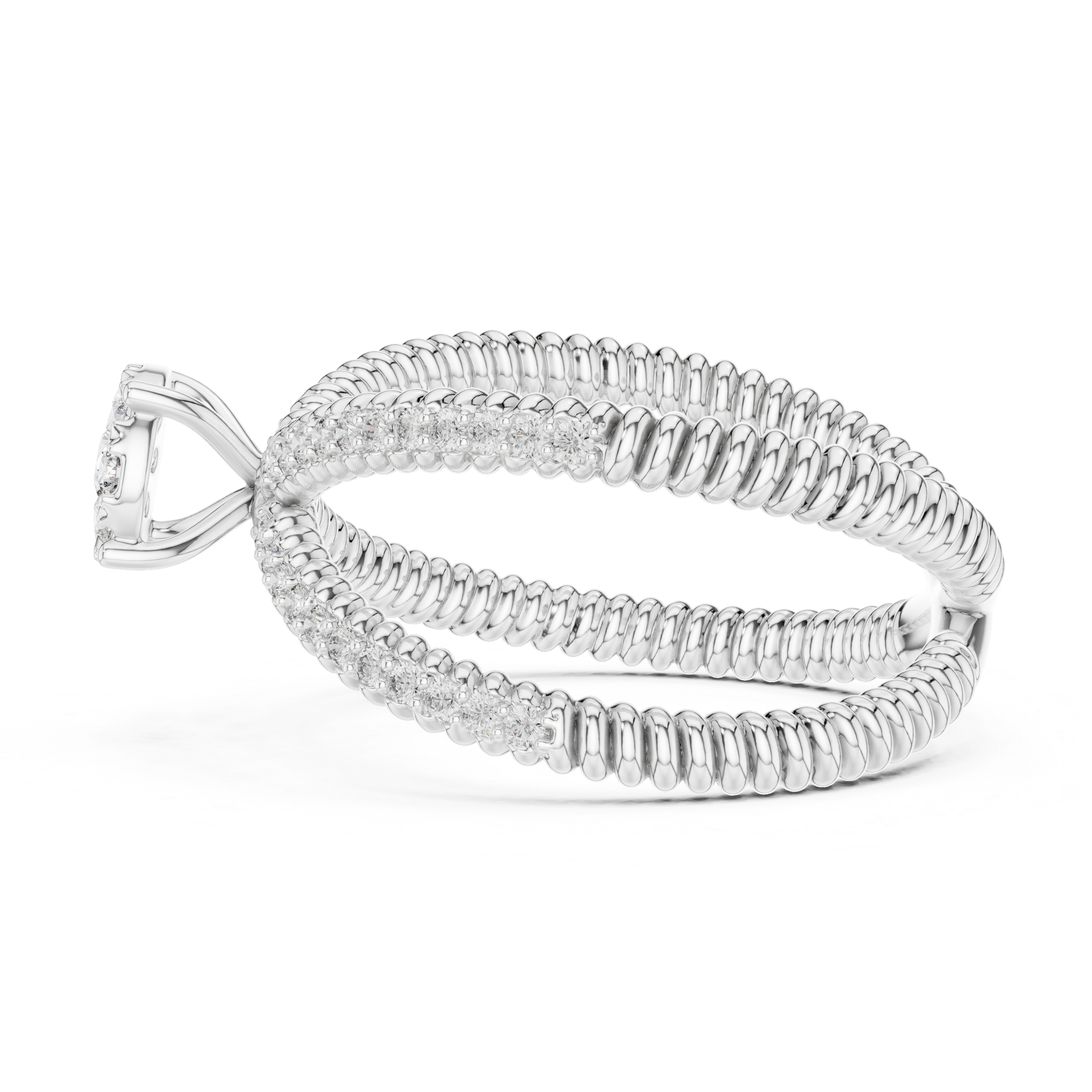 Twist Band Ring with Floral Diamond Cluster and Pave Diamonds.