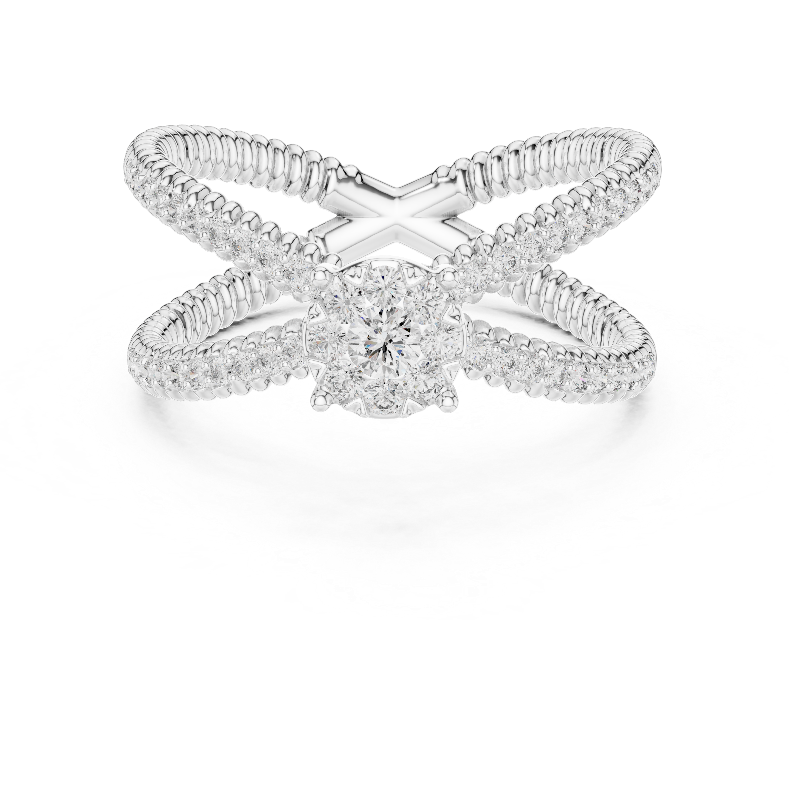 Twist Band Ring with Floral Diamond Cluster and Pave Diamonds.