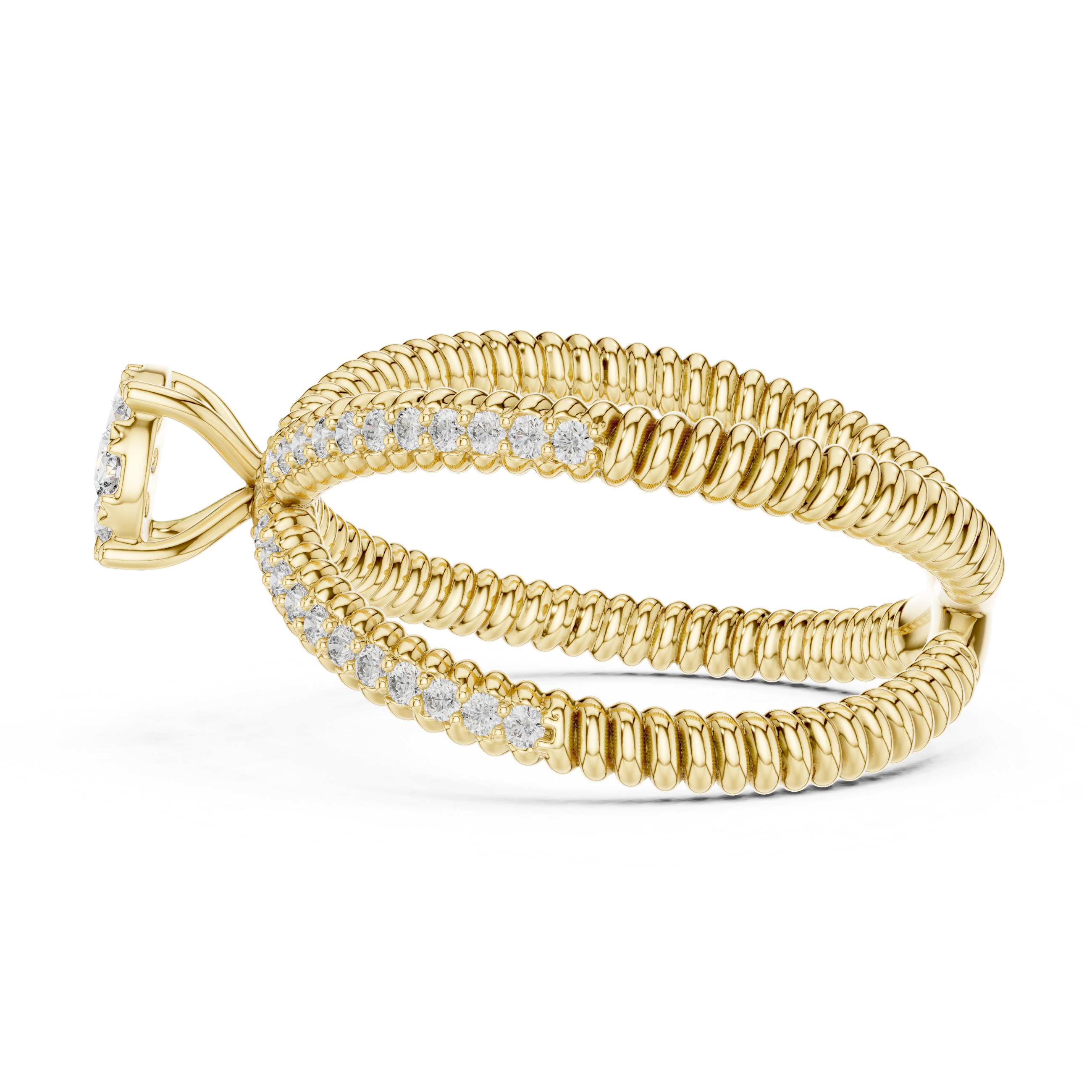 Twist Band Ring with Floral Diamond Cluster and Pave Diamonds.