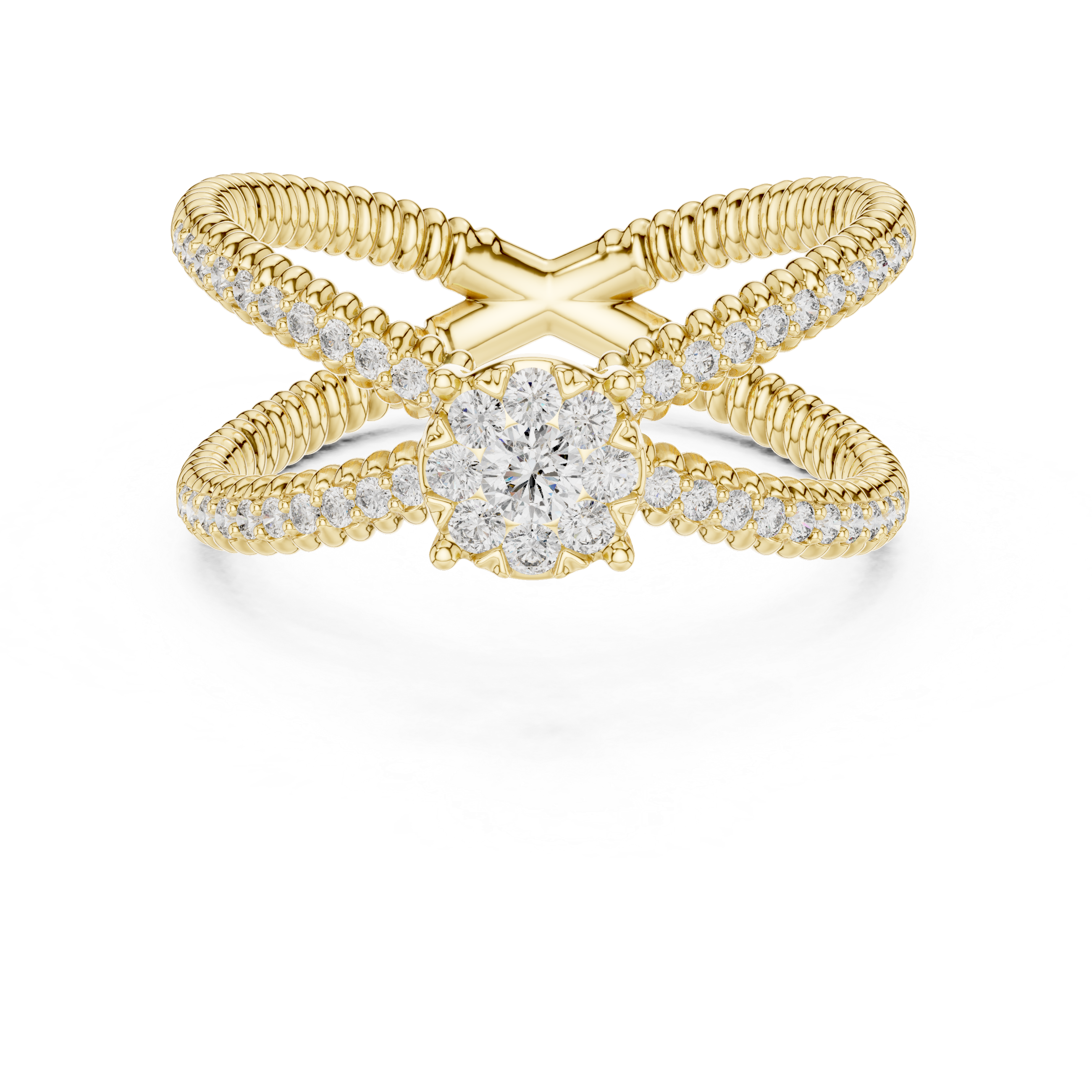 Twist Band Ring with Floral Diamond Cluster and Pave Diamonds.