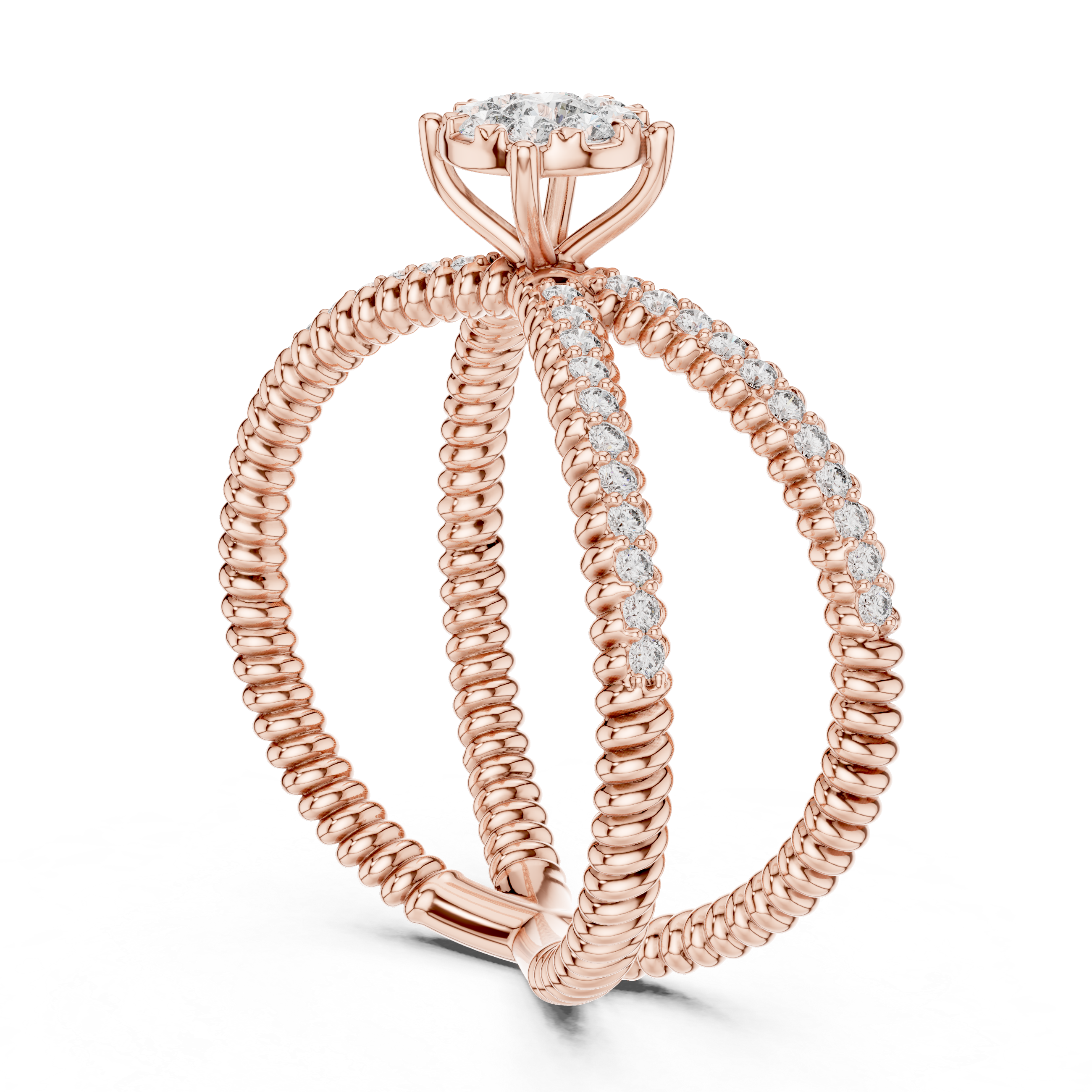 Twist Band Ring with Floral Diamond Cluster and Pave Diamonds.