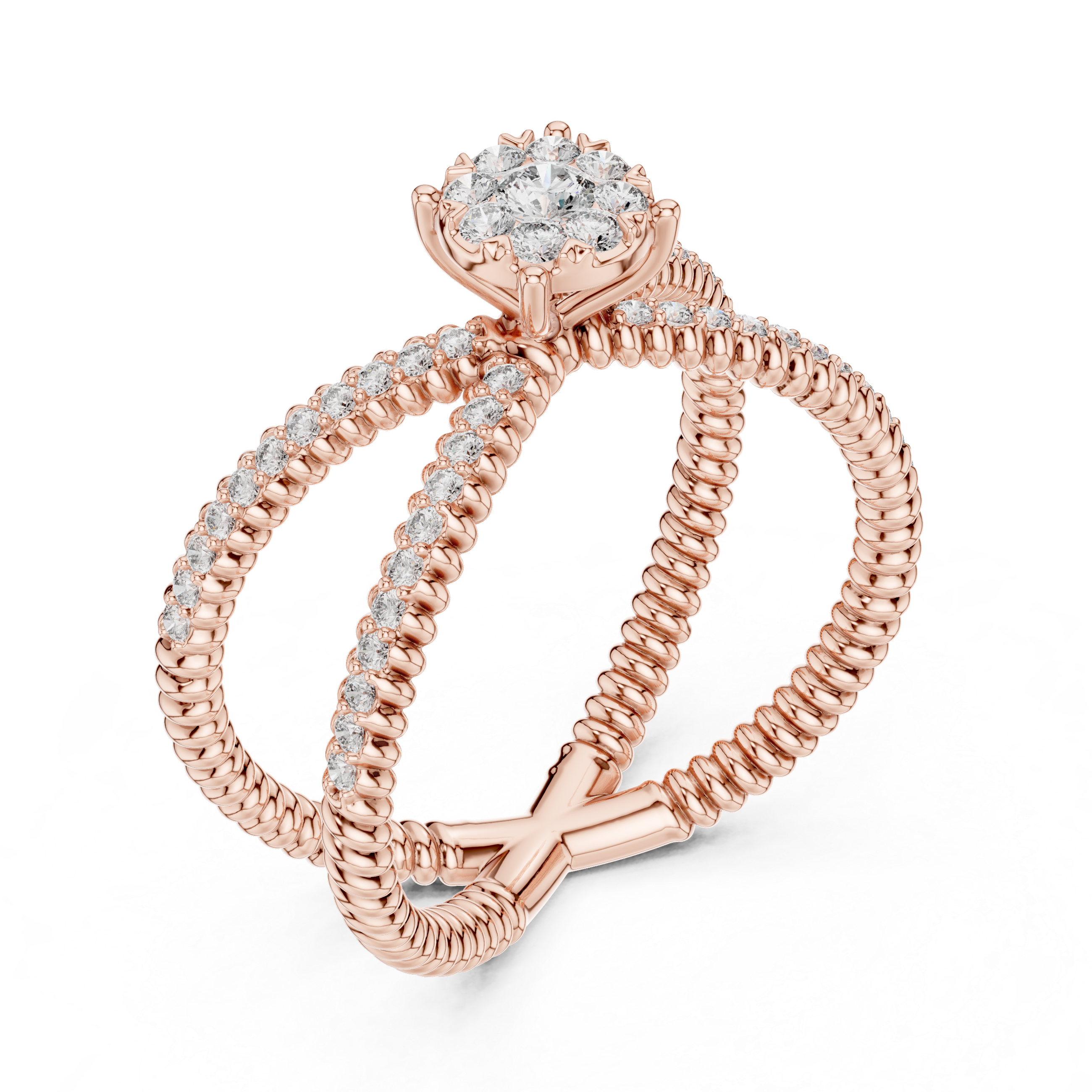 Twist Band Ring with Floral Diamond Cluster and Pave Diamonds.