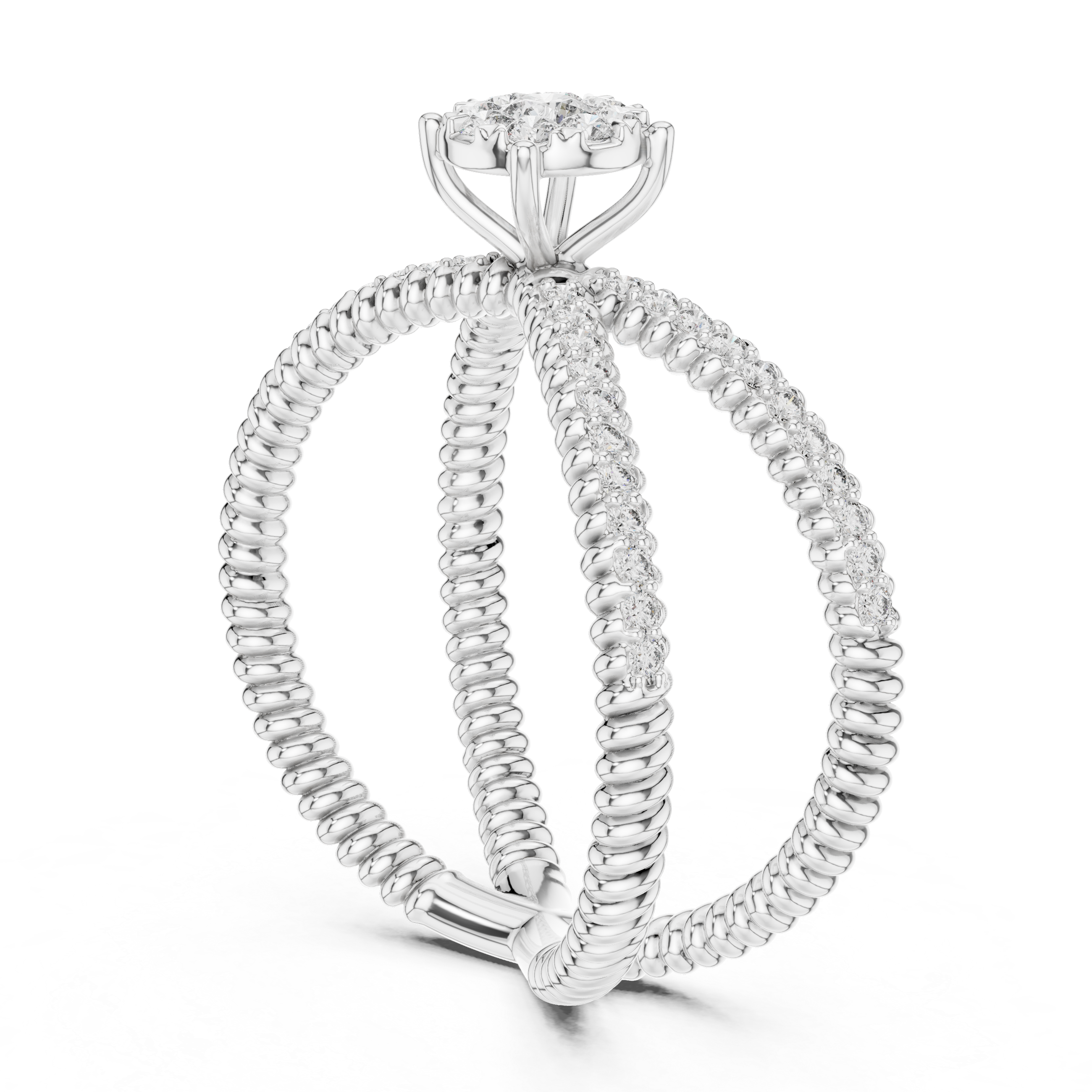 Twist Band Ring with Floral Diamond Cluster and Pave Diamonds.