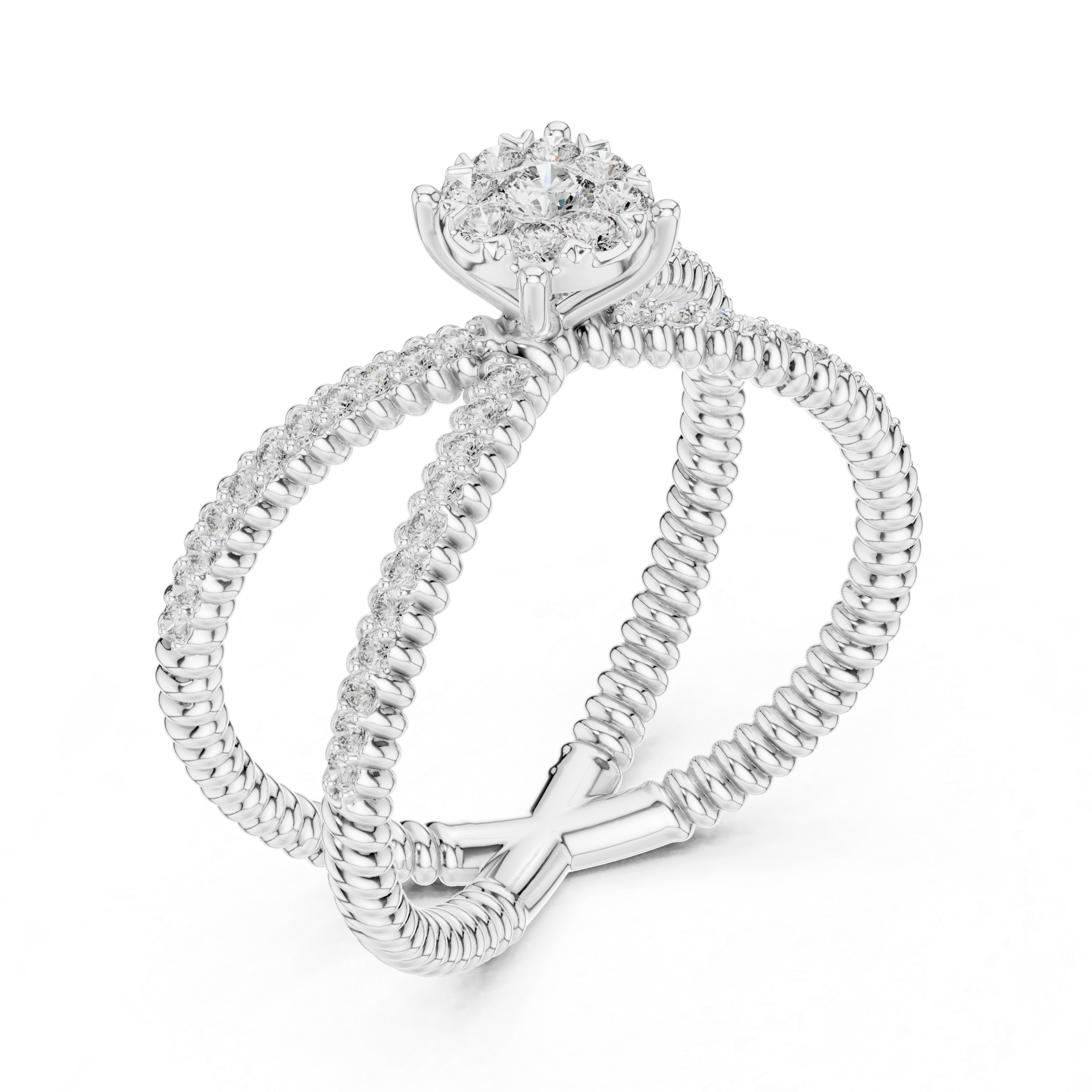 Twist Band Ring with Floral Diamond Cluster and Pave Diamonds.