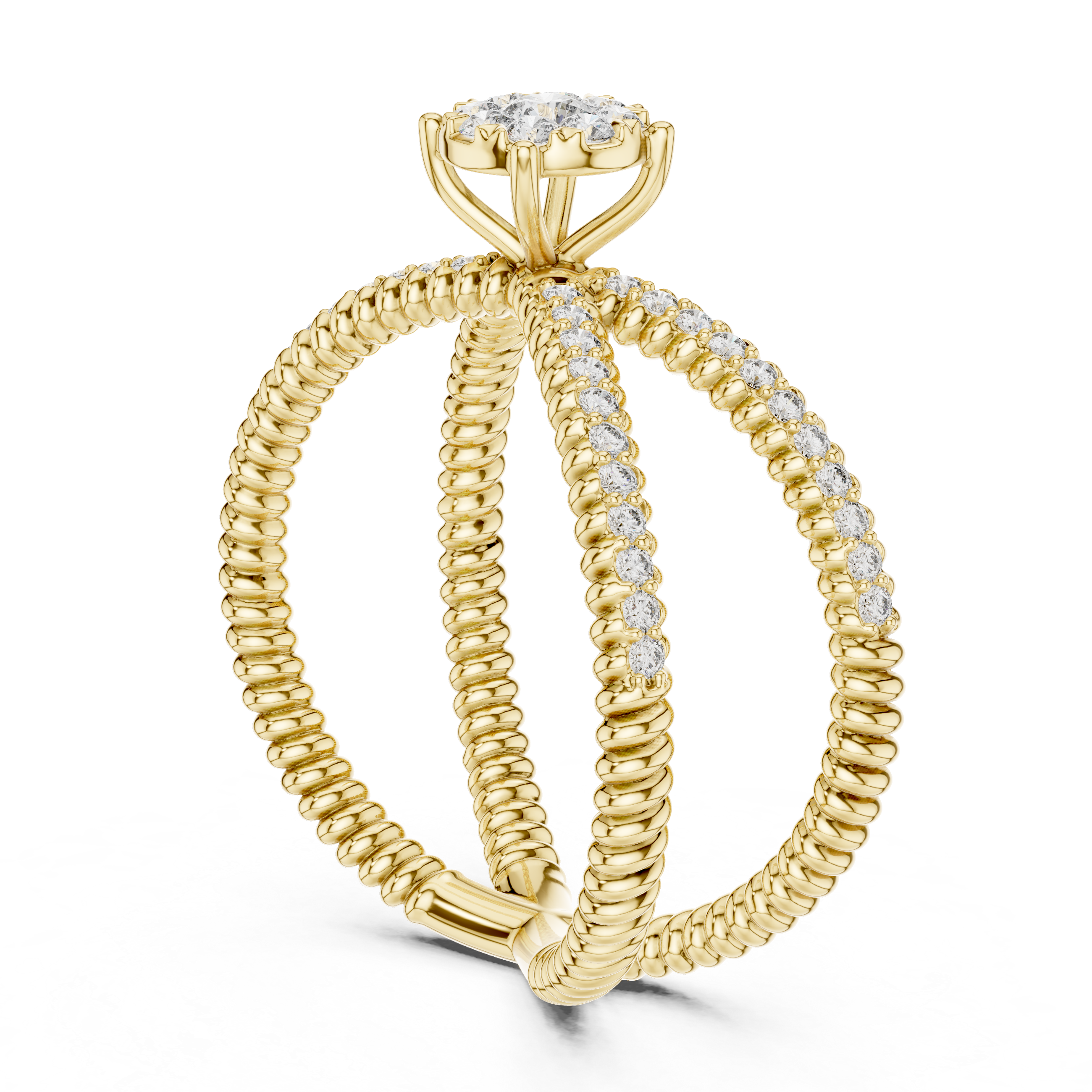 Twist Band Ring with Floral Diamond Cluster and Pave Diamonds.