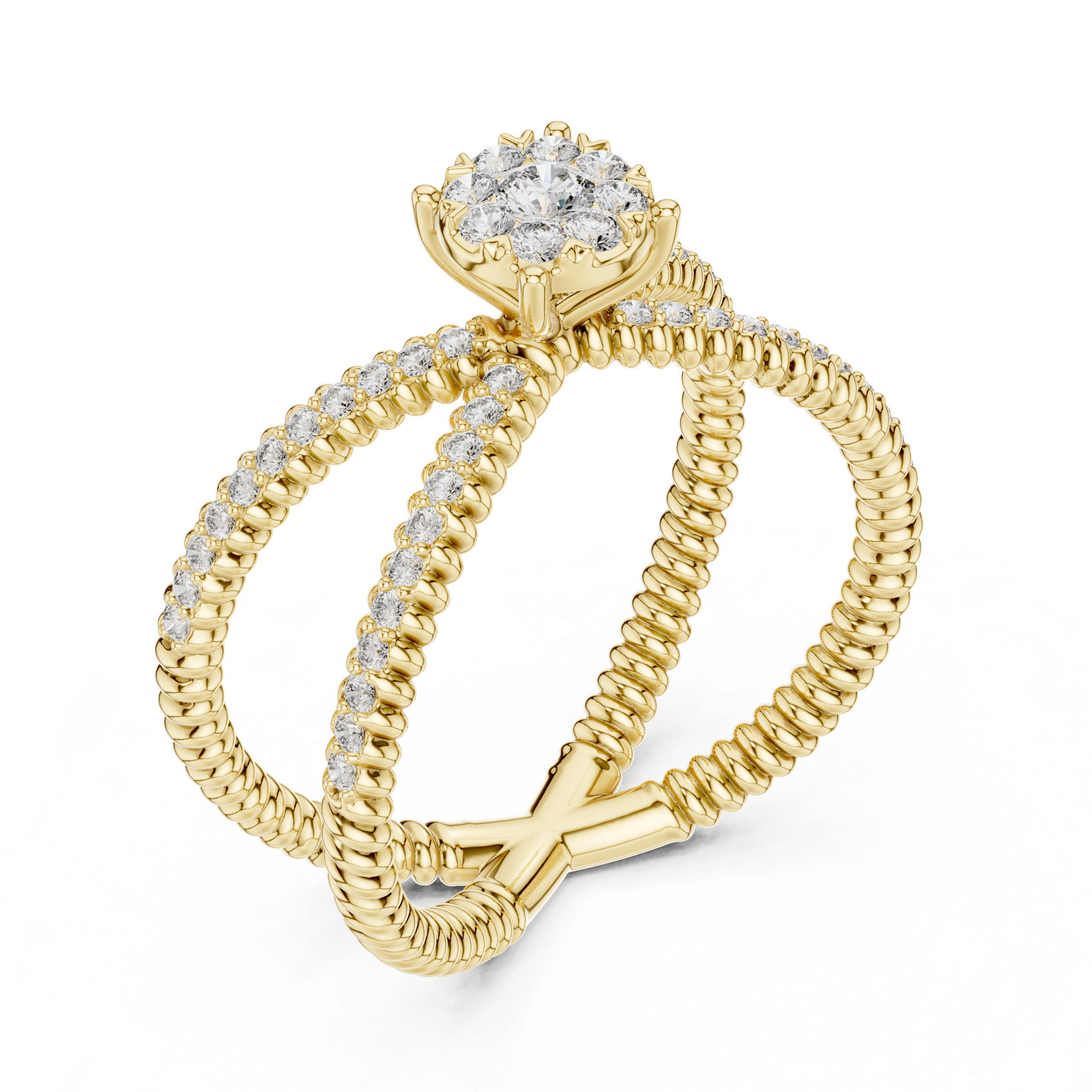 Twist Band Ring with Floral Diamond Cluster and Pave Diamonds.