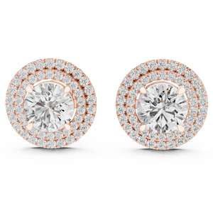 Double Halo Round Cut Diamond Stud Earrings with Rose Gold Setting