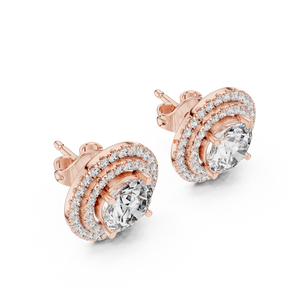 Double Halo Round Cut Diamond Stud Earrings with Rose Gold Setting