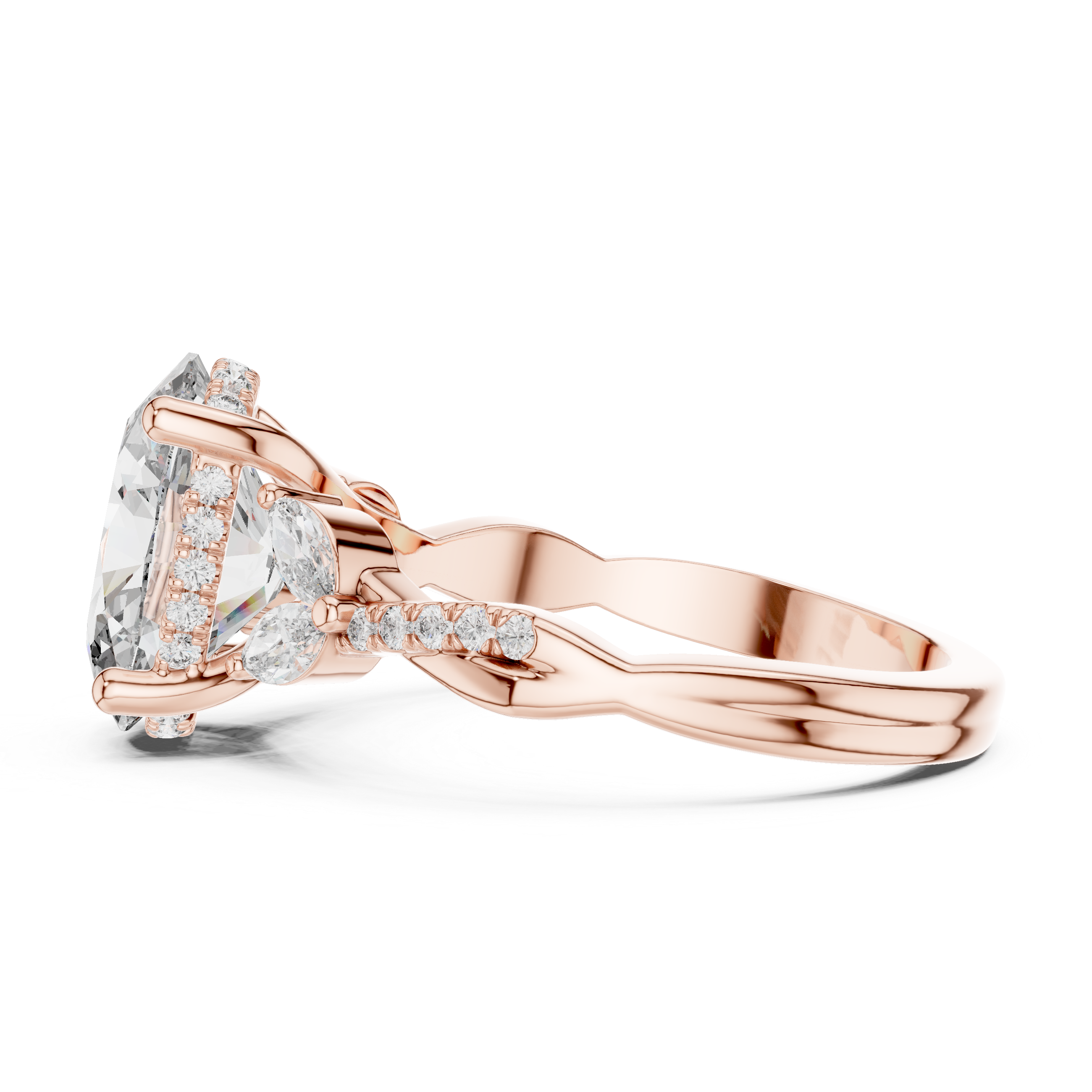 oval-cut diamond center and marquise-cut side stones.