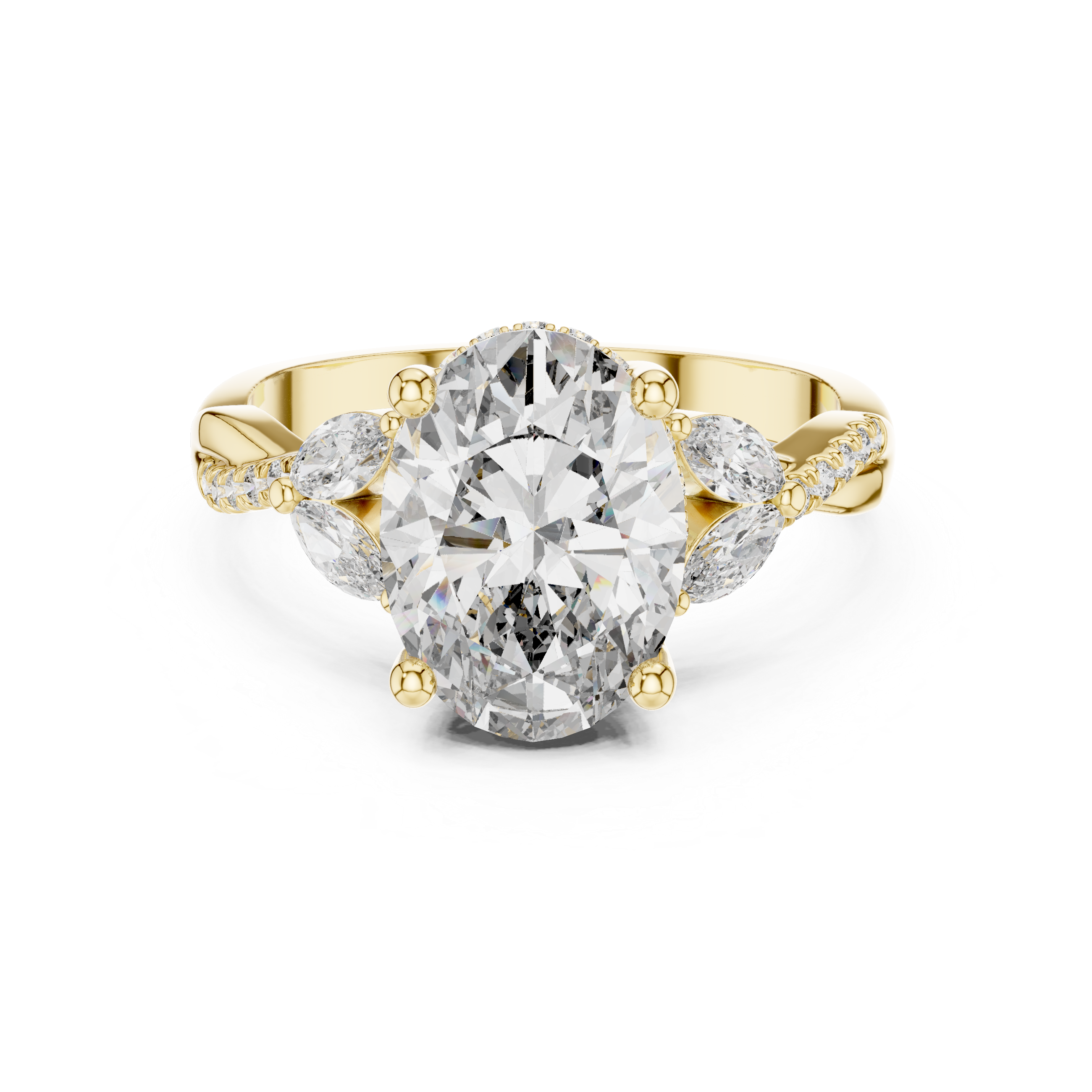 oval-cut diamond center and marquise-cut side stones.