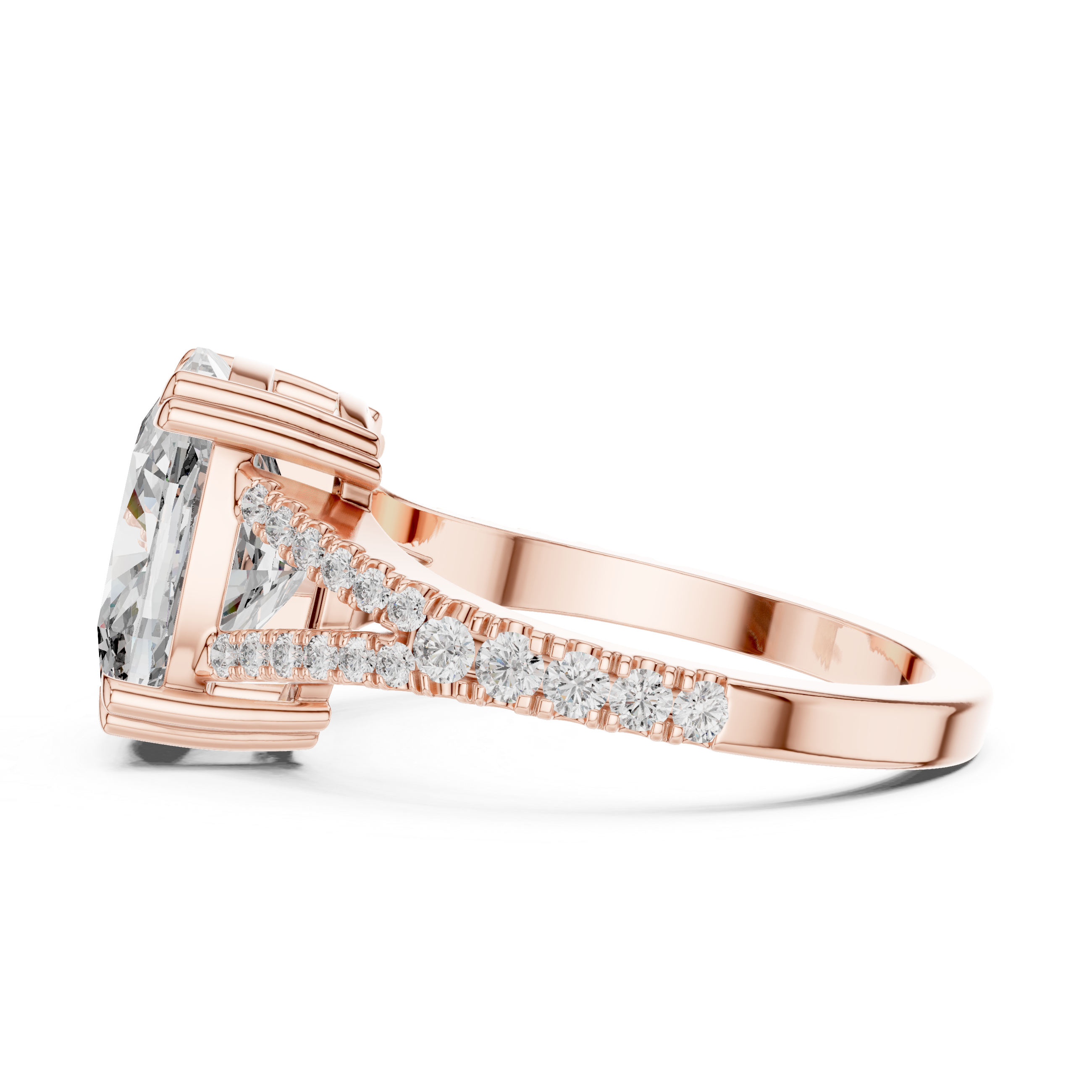 Split Shank Engagement Ring with Cushion-Cut Diamond and Pave-Set Accents.