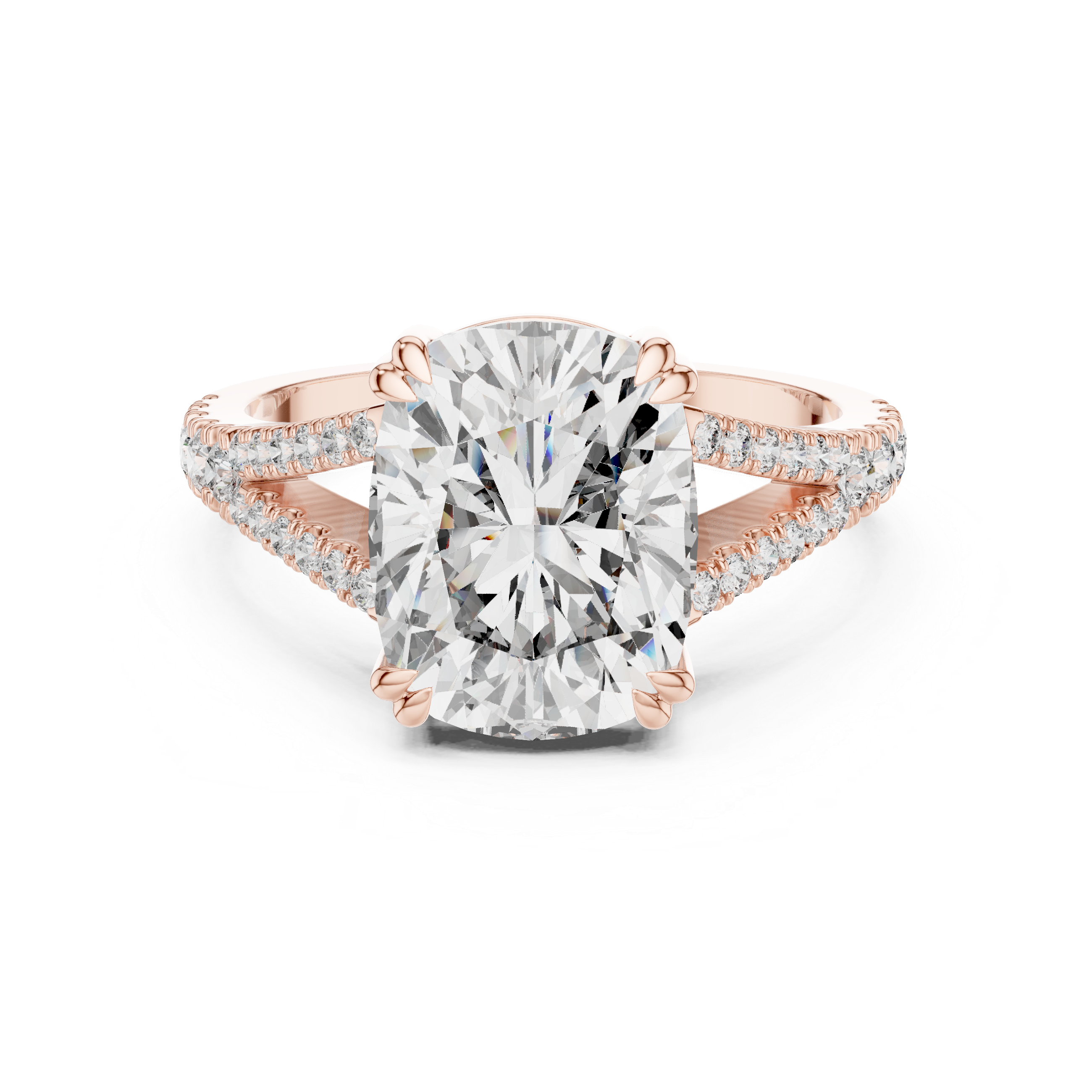 Split Shank Engagement Ring with Cushion-Cut Diamond and Pave-Set Accents.