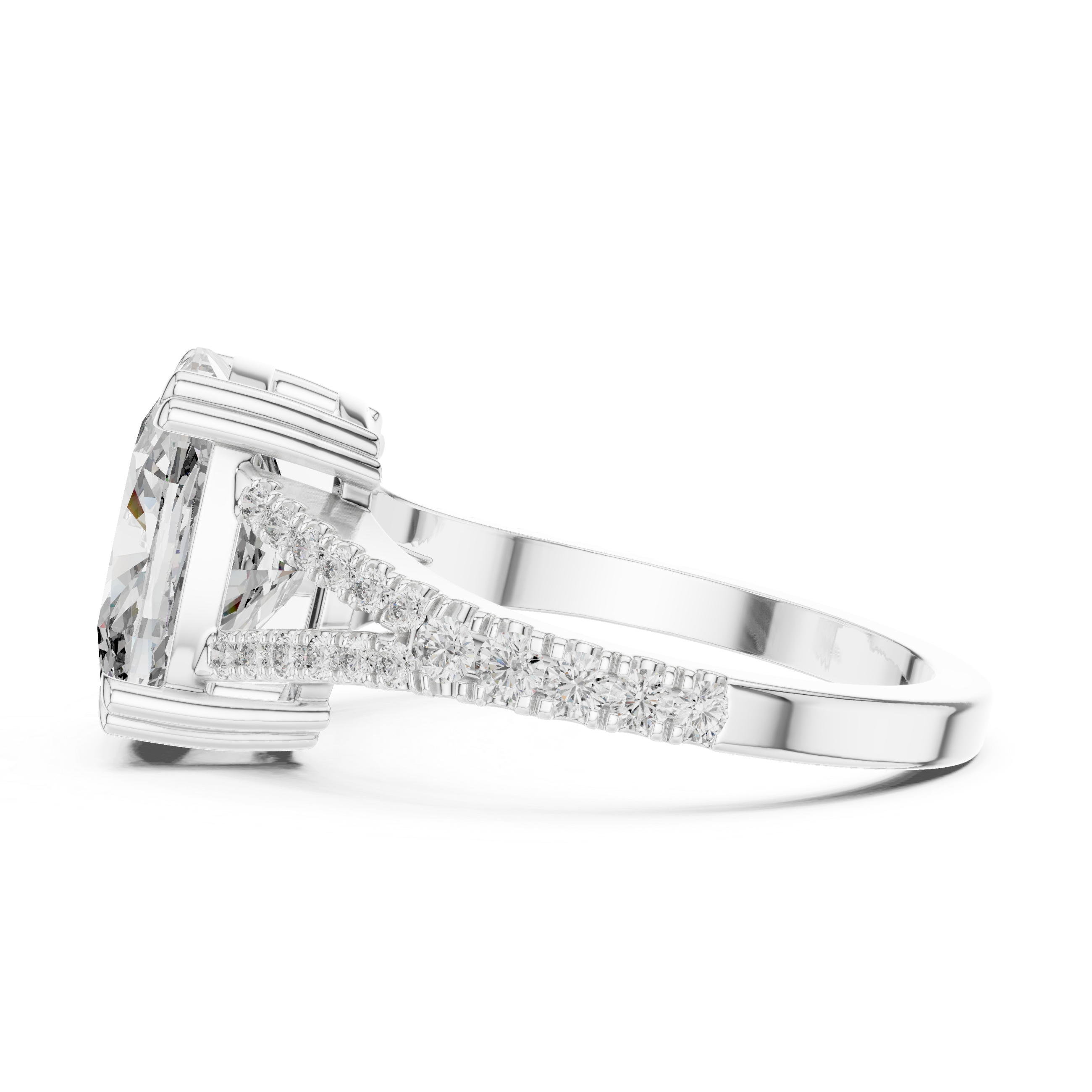 Split Shank Engagement Ring with Cushion-Cut Diamond and Pave-Set Accents.