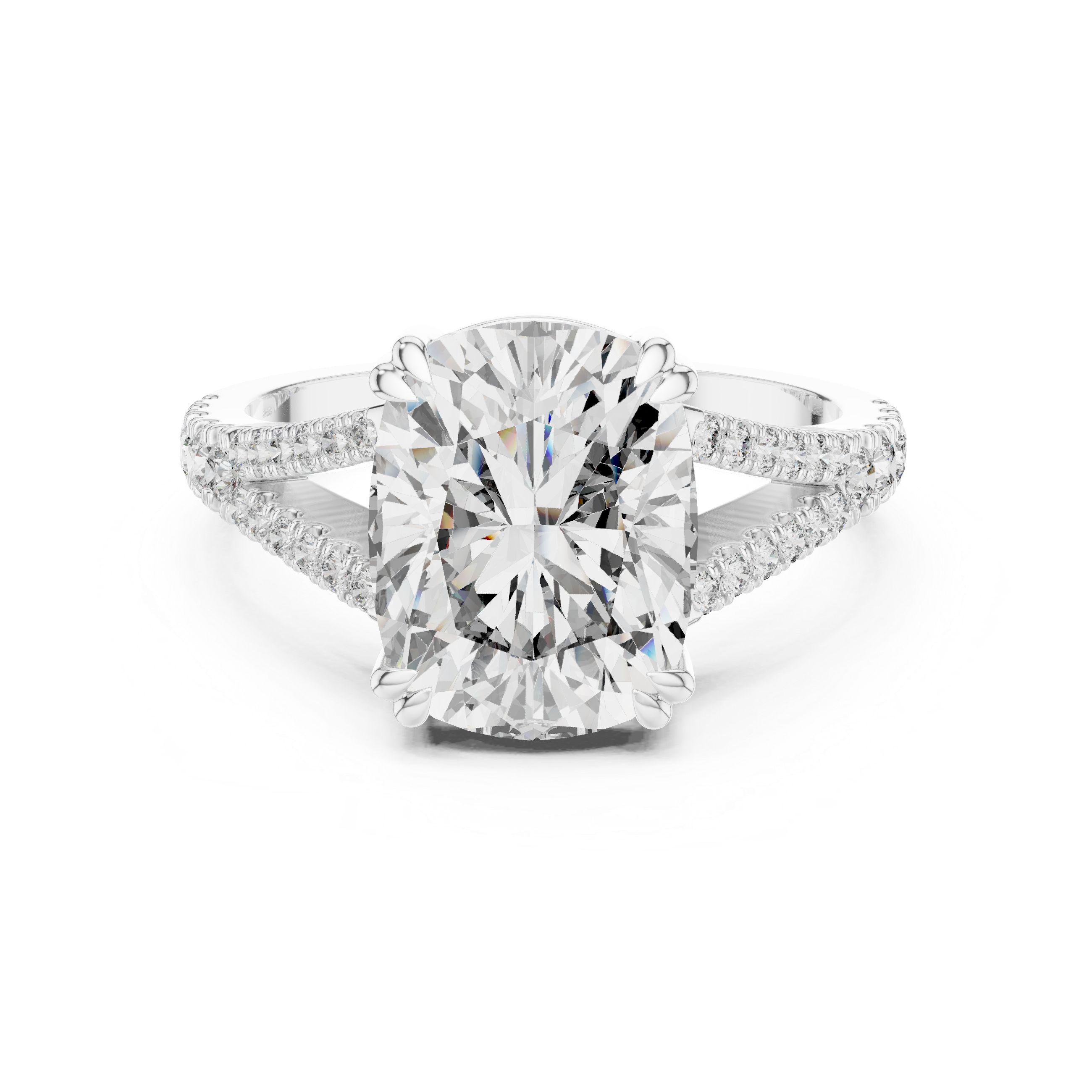 Split Shank Engagement Ring with Cushion-Cut Diamond and Pave-Set Accents.