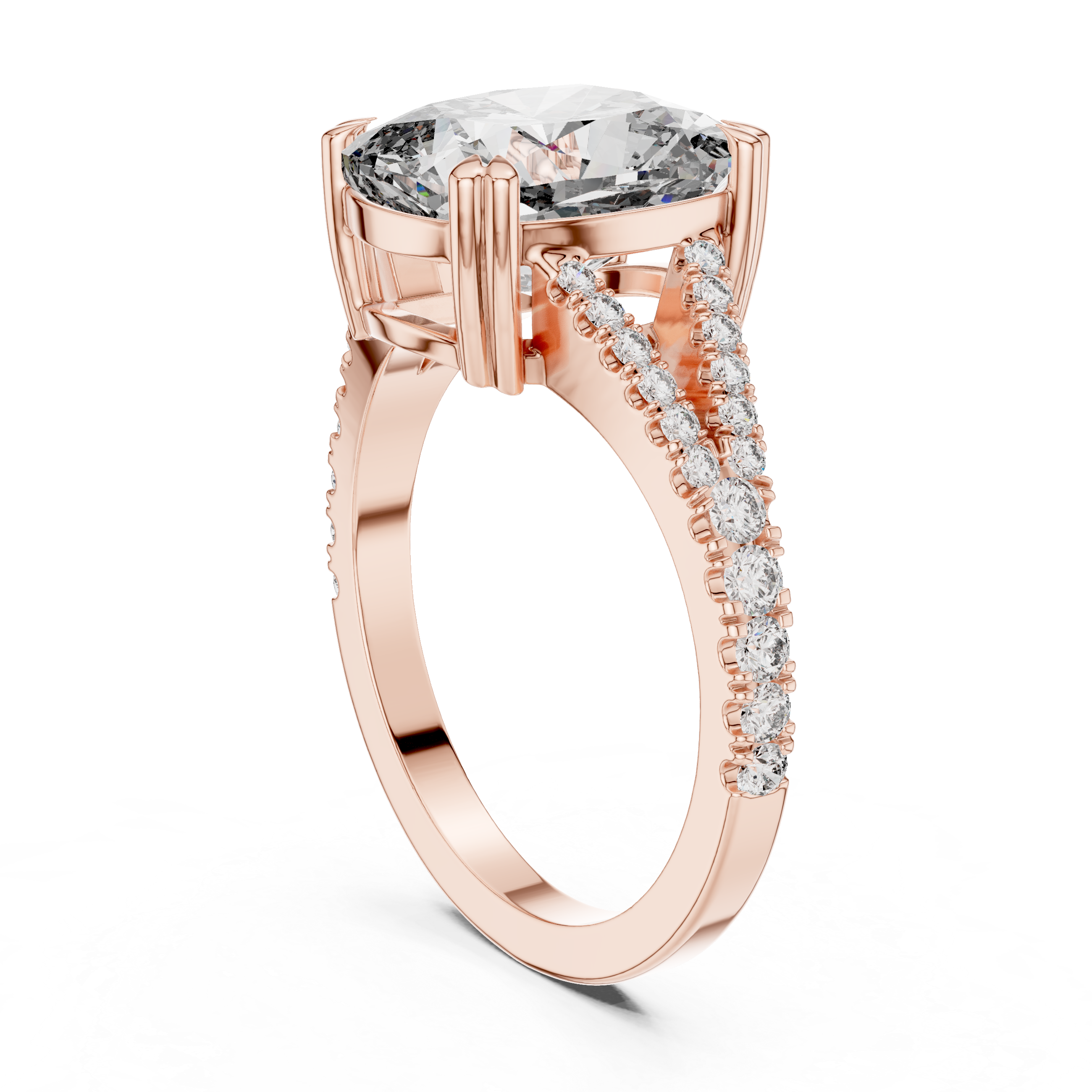 Split Shank Engagement Ring with Cushion-Cut Diamond and Pave-Set Accents.