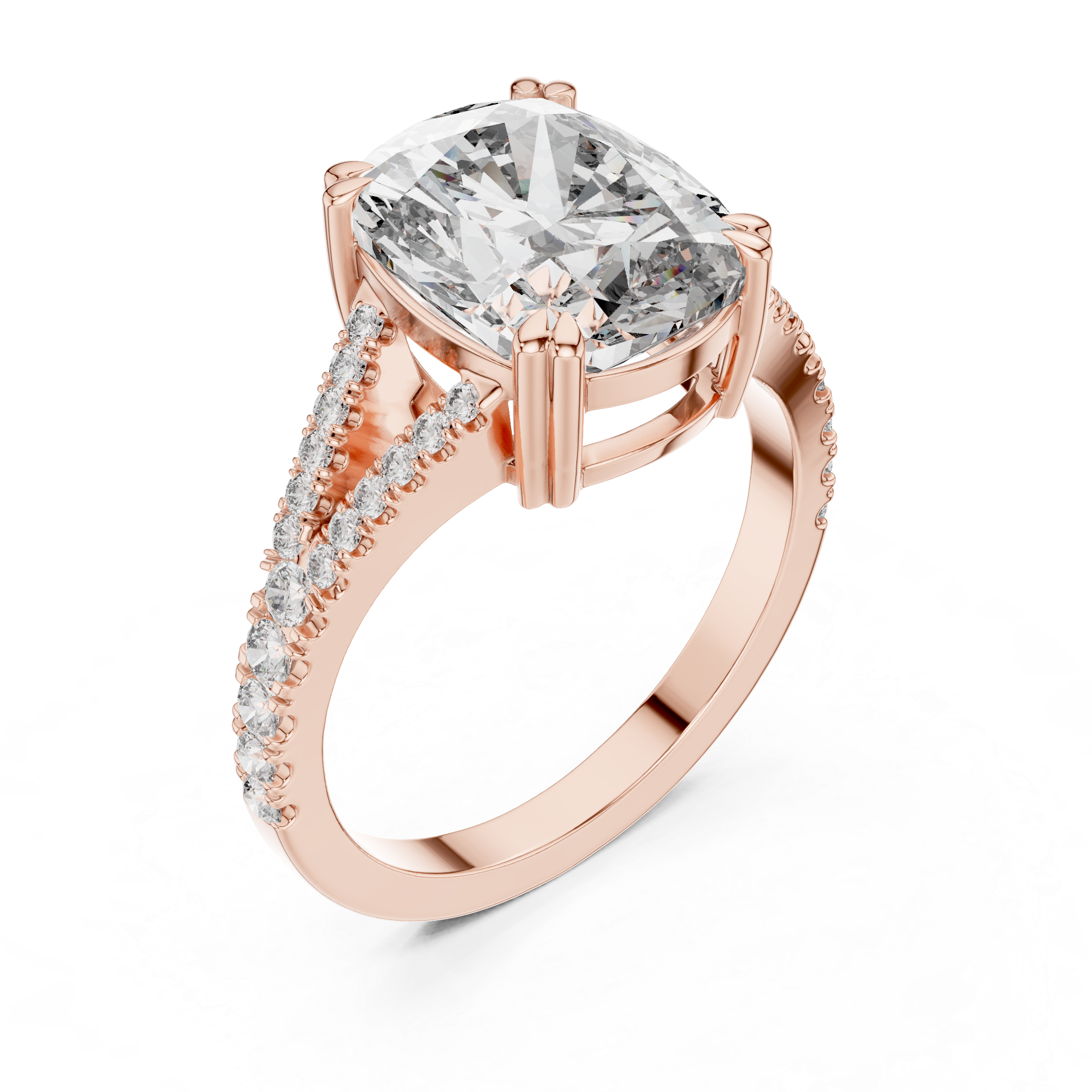 Split Shank Engagement Ring with Cushion-Cut Diamond and Pave-Set Accents.