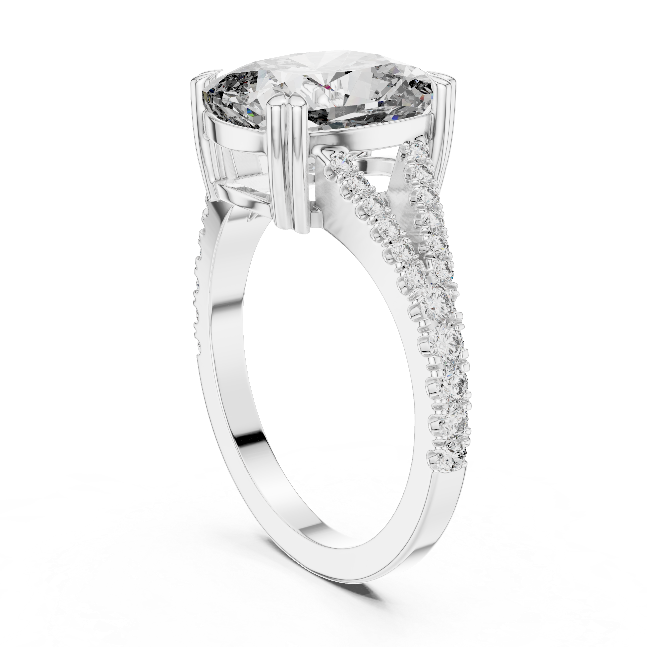 Split Shank Engagement Ring with Cushion-Cut Diamond and Pave-Set Accents.
