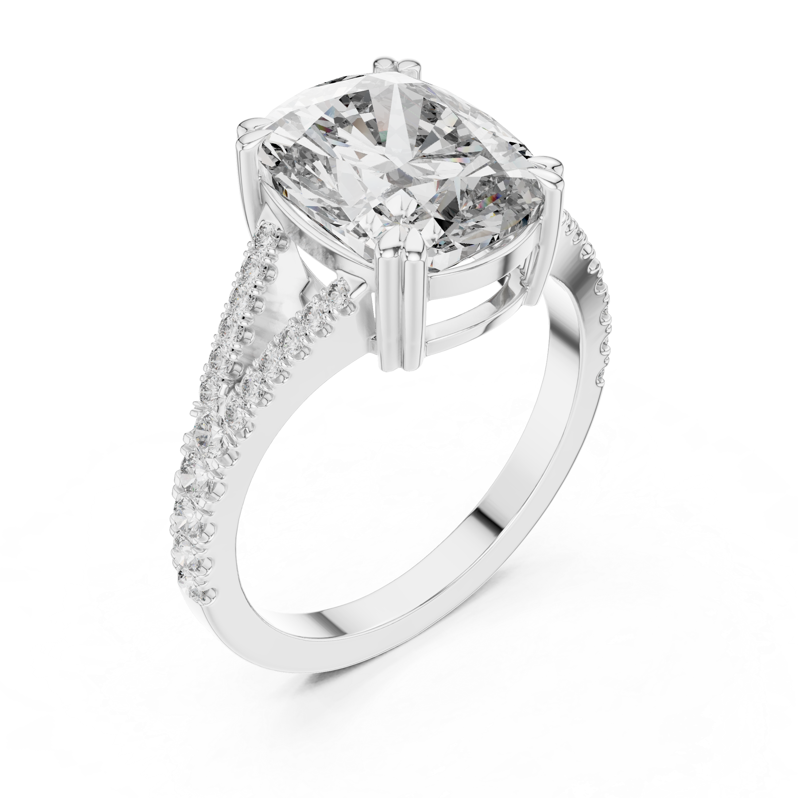 Split Shank Engagement Ring with Cushion-Cut Diamond and Pave-Set Accents.