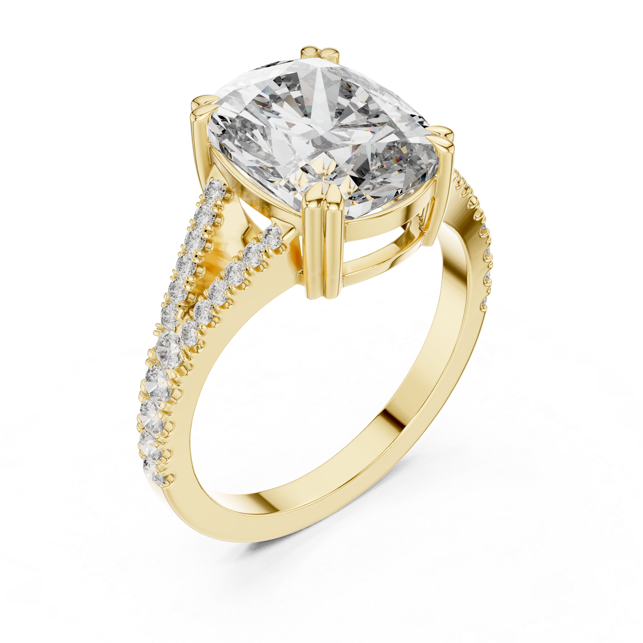 Split Shank Engagement Ring with Cushion-Cut Diamond and Pave-Set Accents.