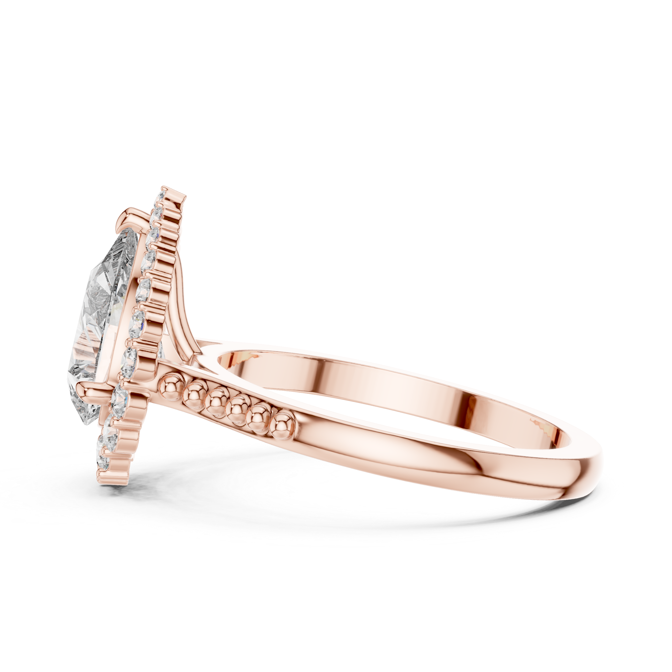 Pear-Shaped Halo Engagement Ring with Beaded Band Accents.