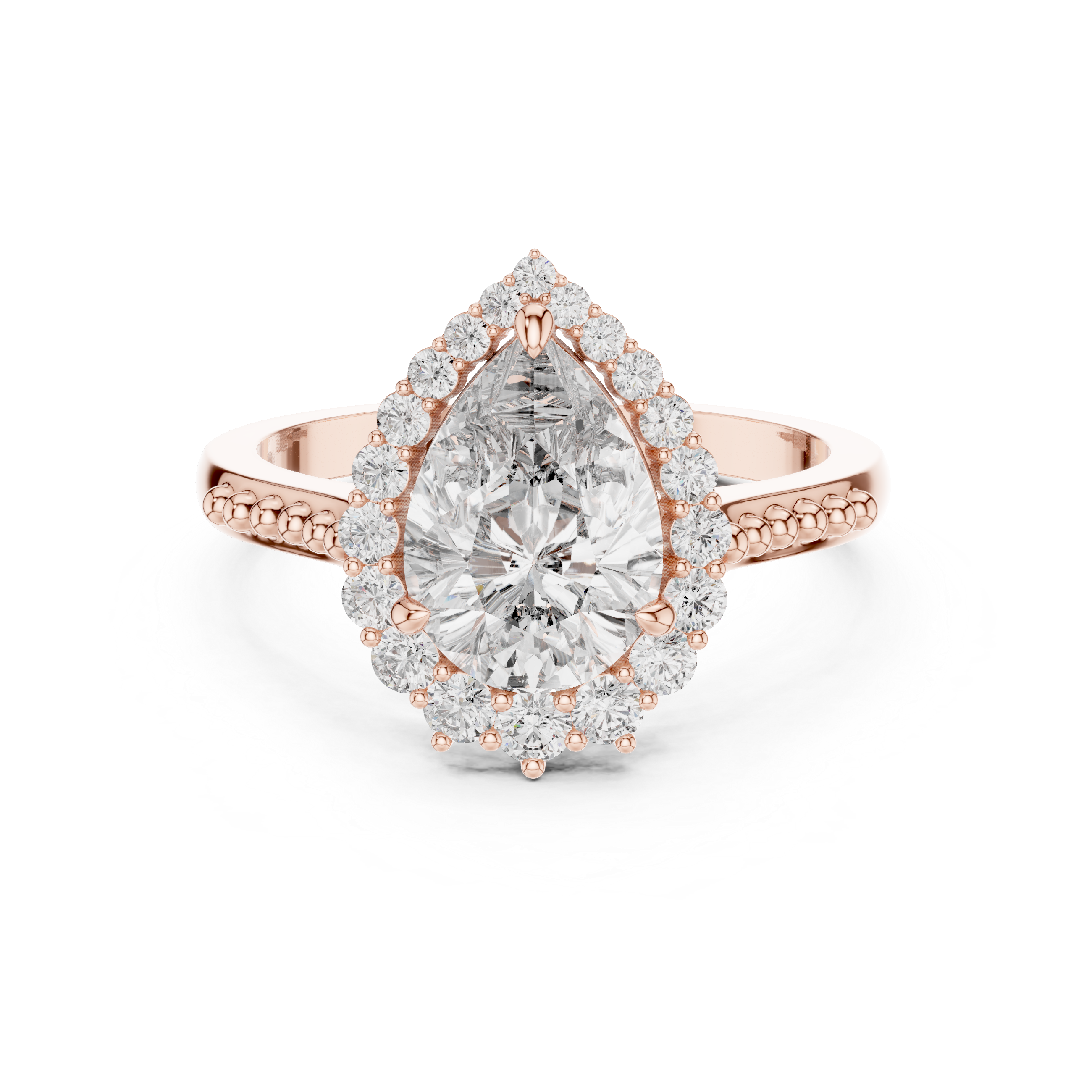 Pear-Shaped Halo Engagement Ring with Beaded Band Accents.