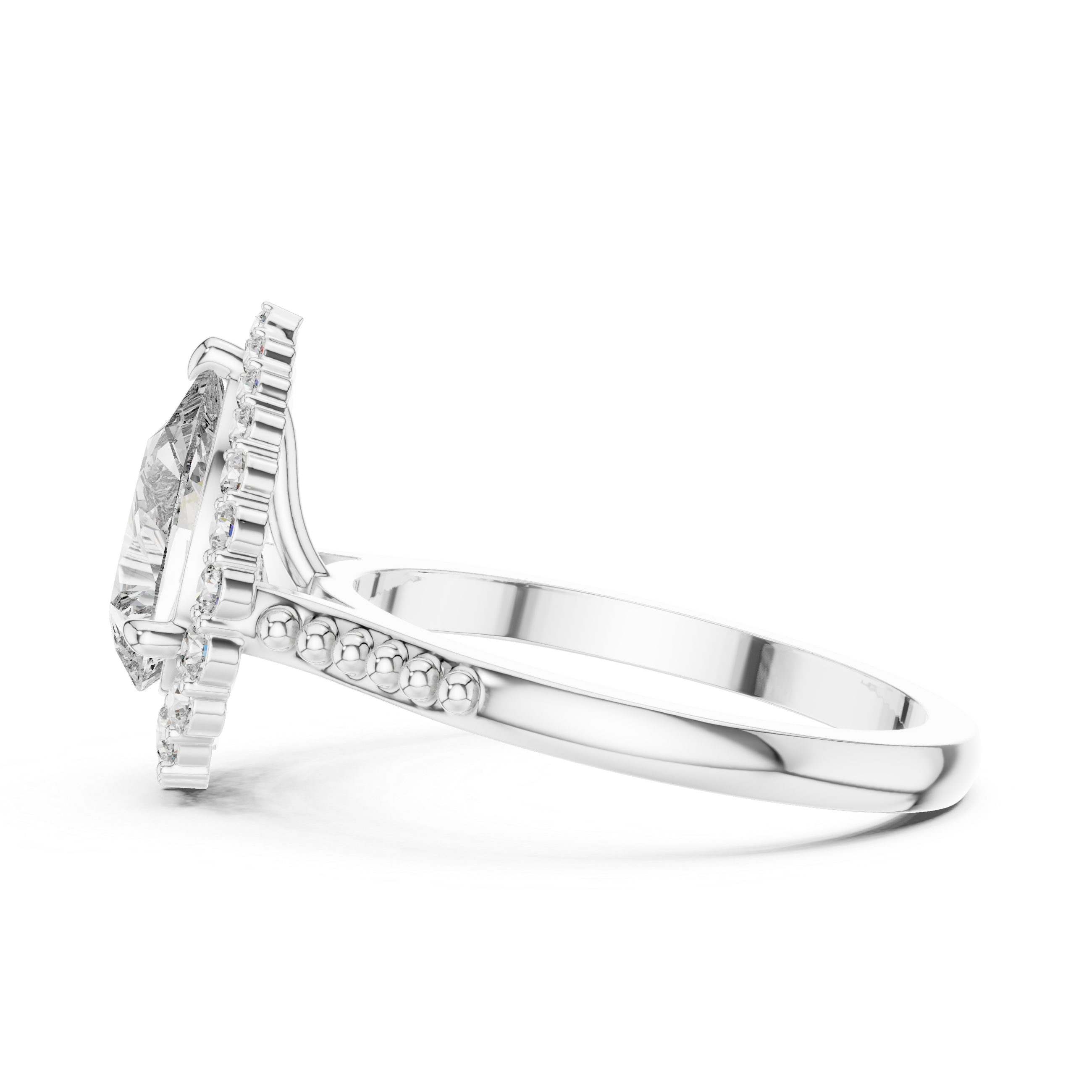 Pear-Shaped Halo Engagement Ring with Beaded Band Accents.