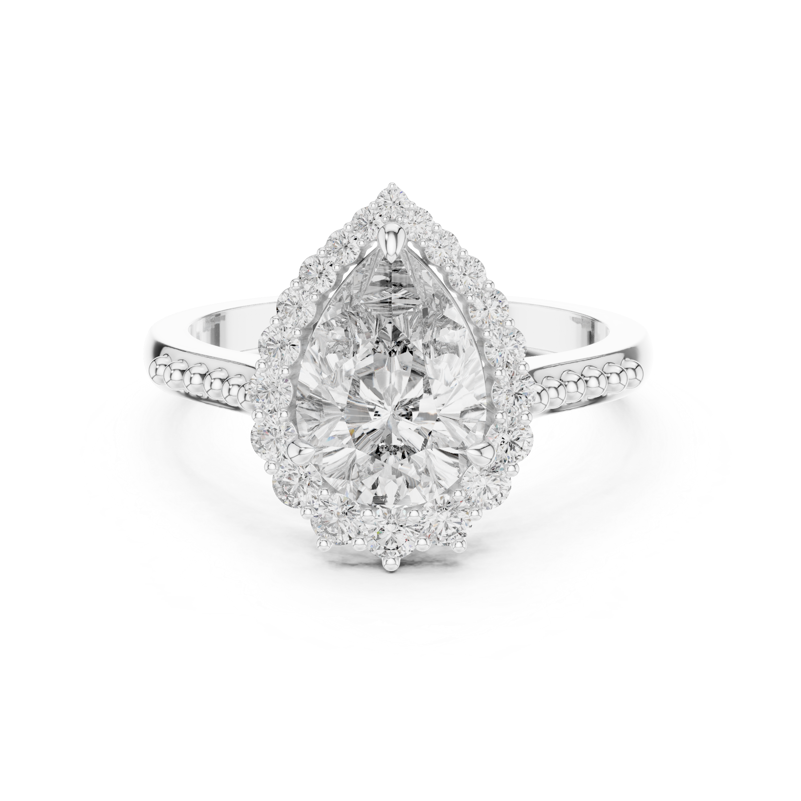 Pear-Shaped Halo Engagement Ring with Beaded Band Accents.