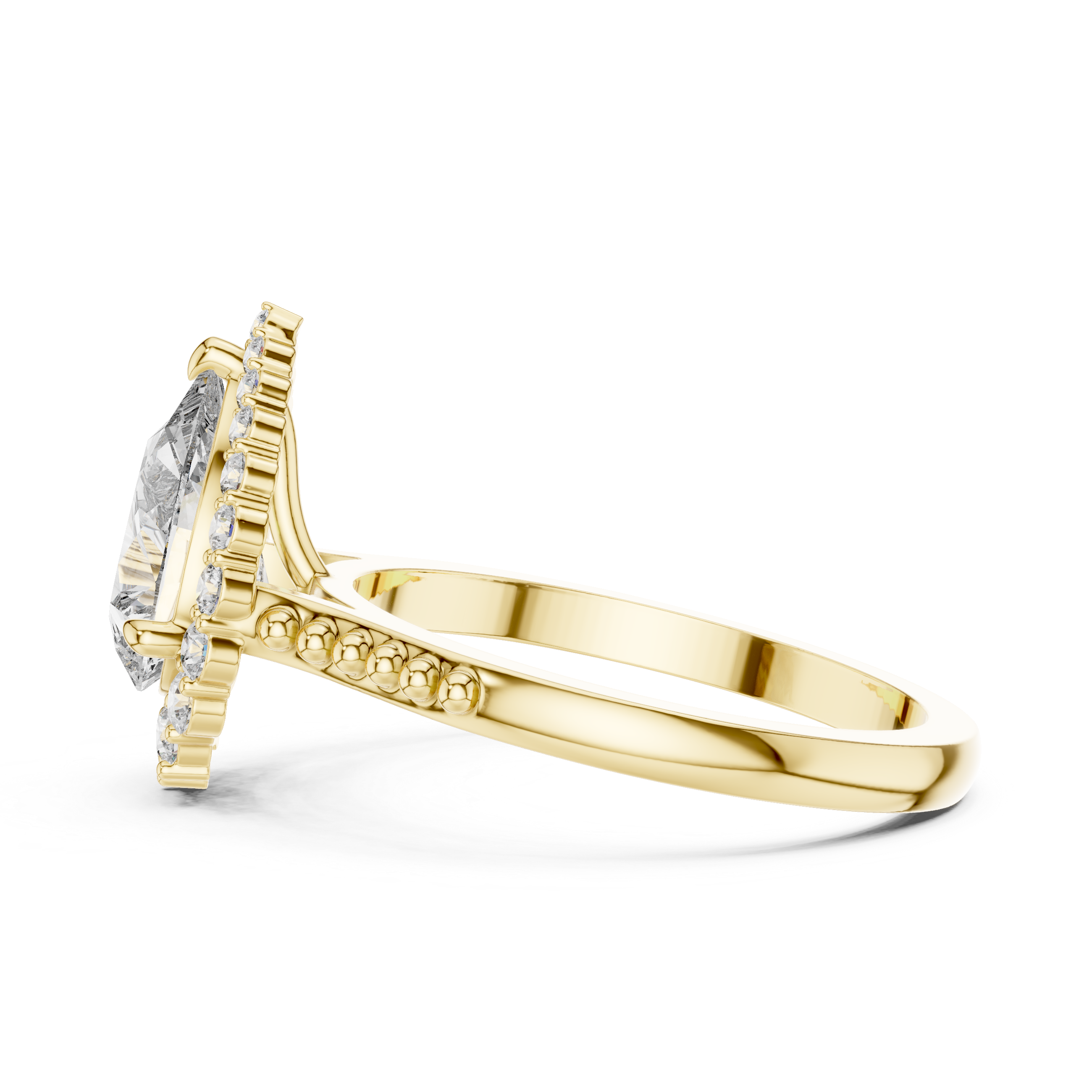 Pear-Shaped Halo Engagement Ring with Beaded Band Accents.