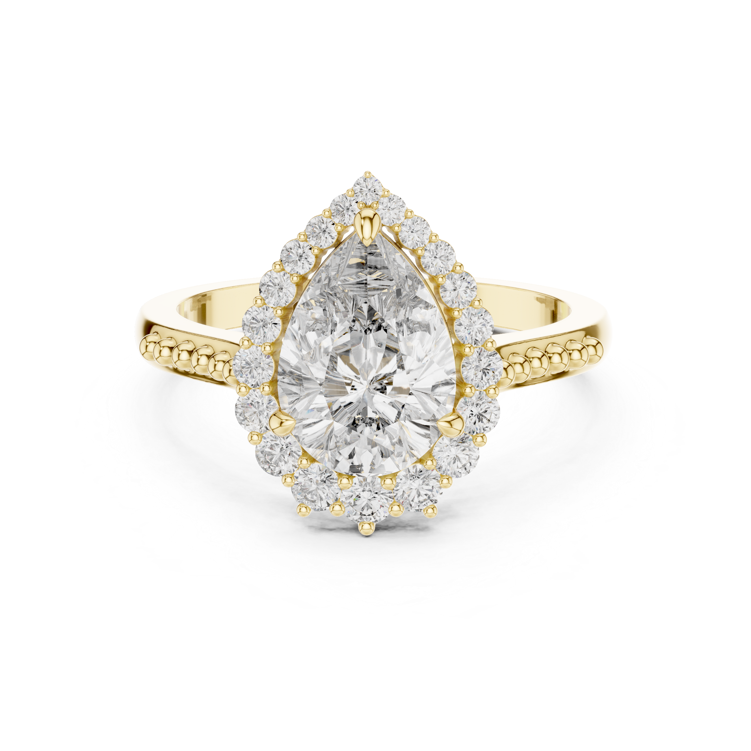 Pear-Shaped Halo Engagement Ring with Beaded Band Accents.