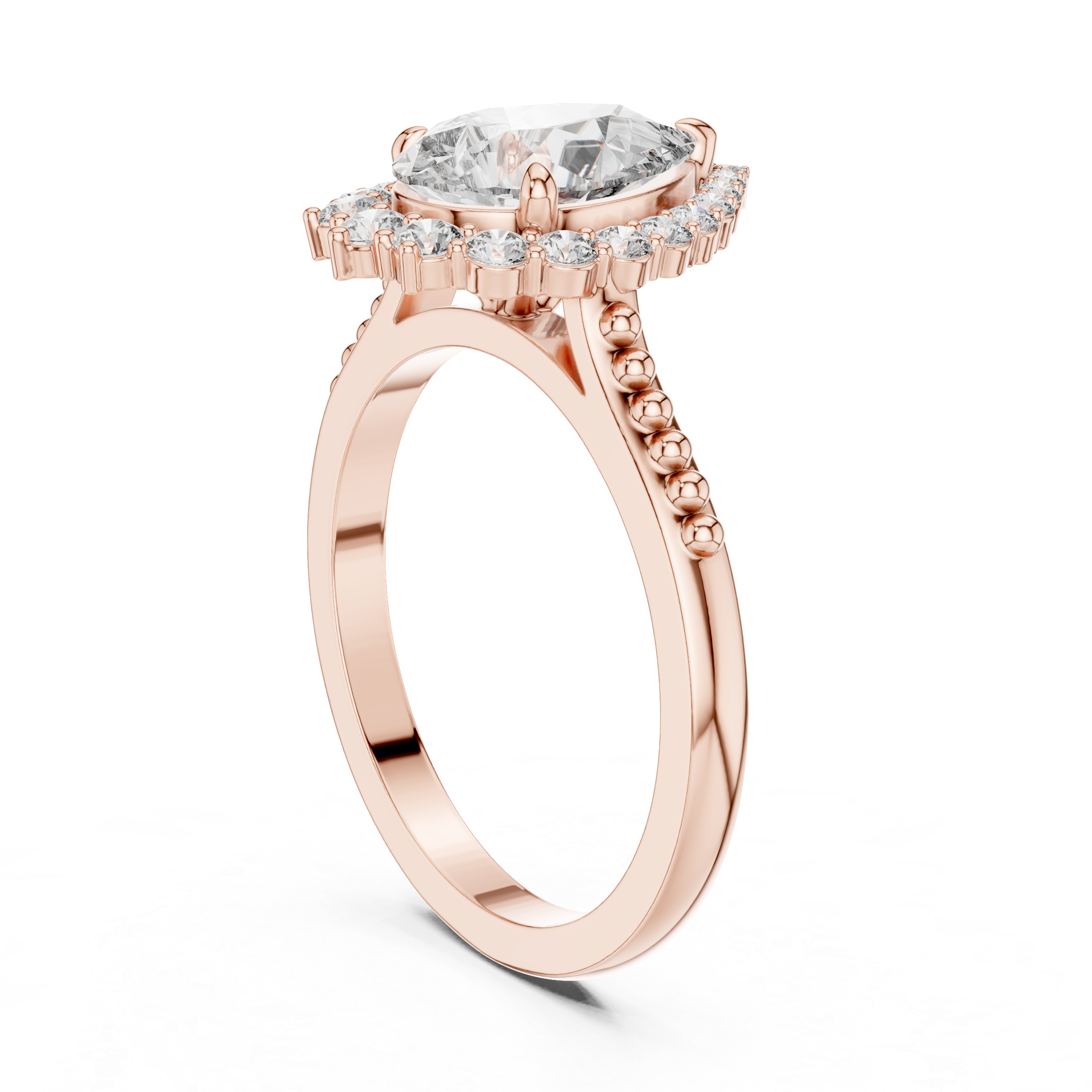 Pear-Shaped Halo Engagement Ring with Beaded Band Accents.