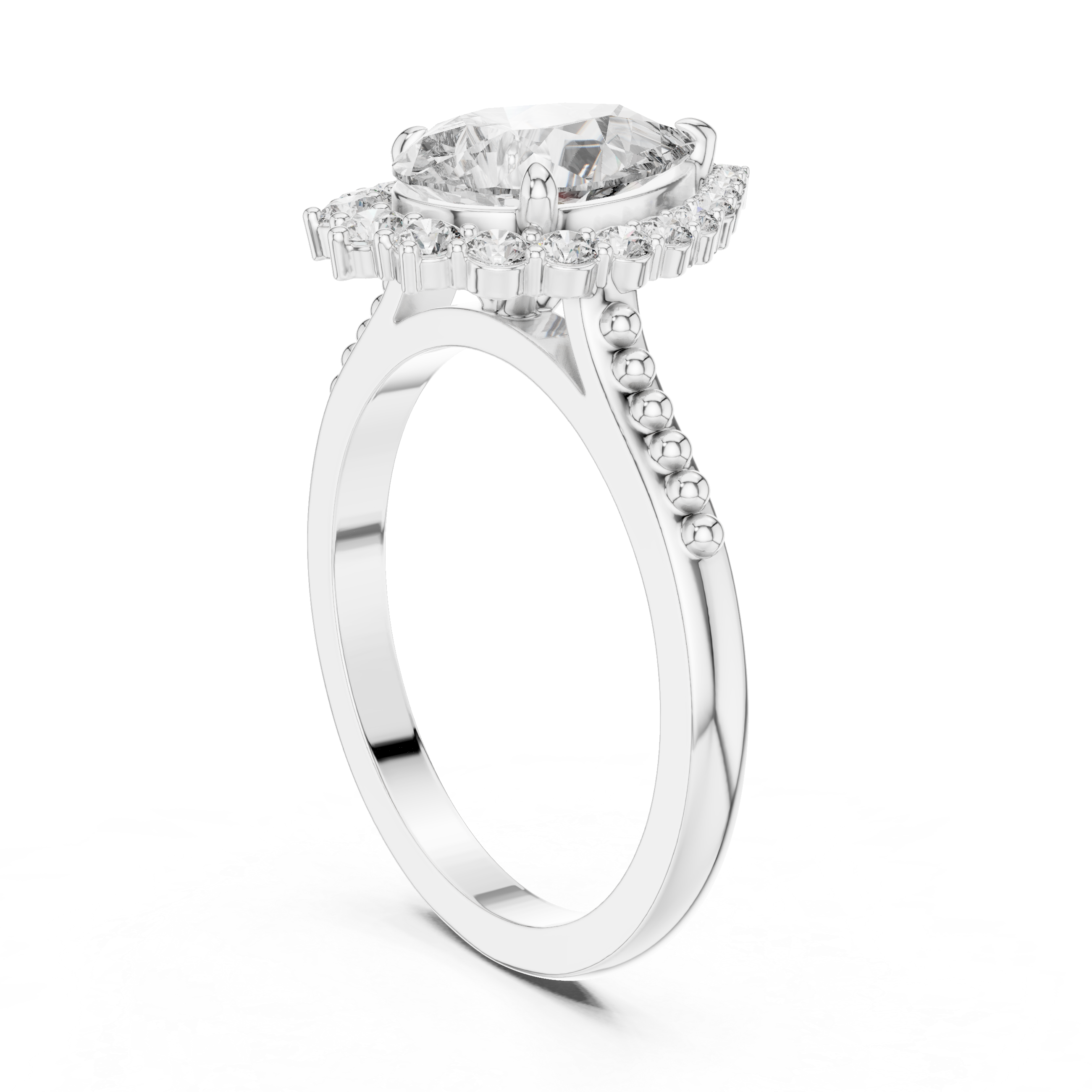 Pear-Shaped Halo Engagement Ring with Beaded Band Accents.