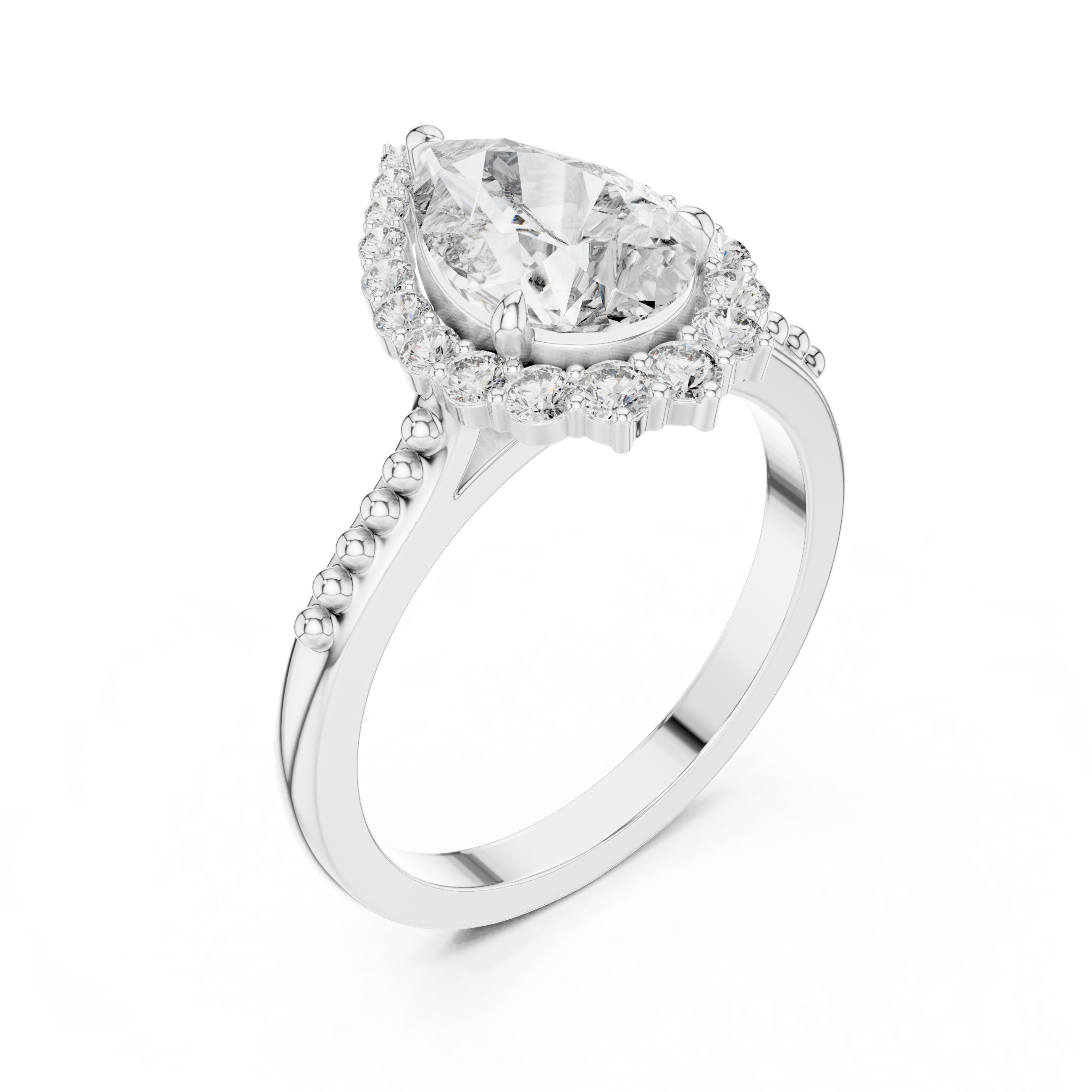 Pear-Shaped Halo Engagement Ring with Beaded Band Accents.