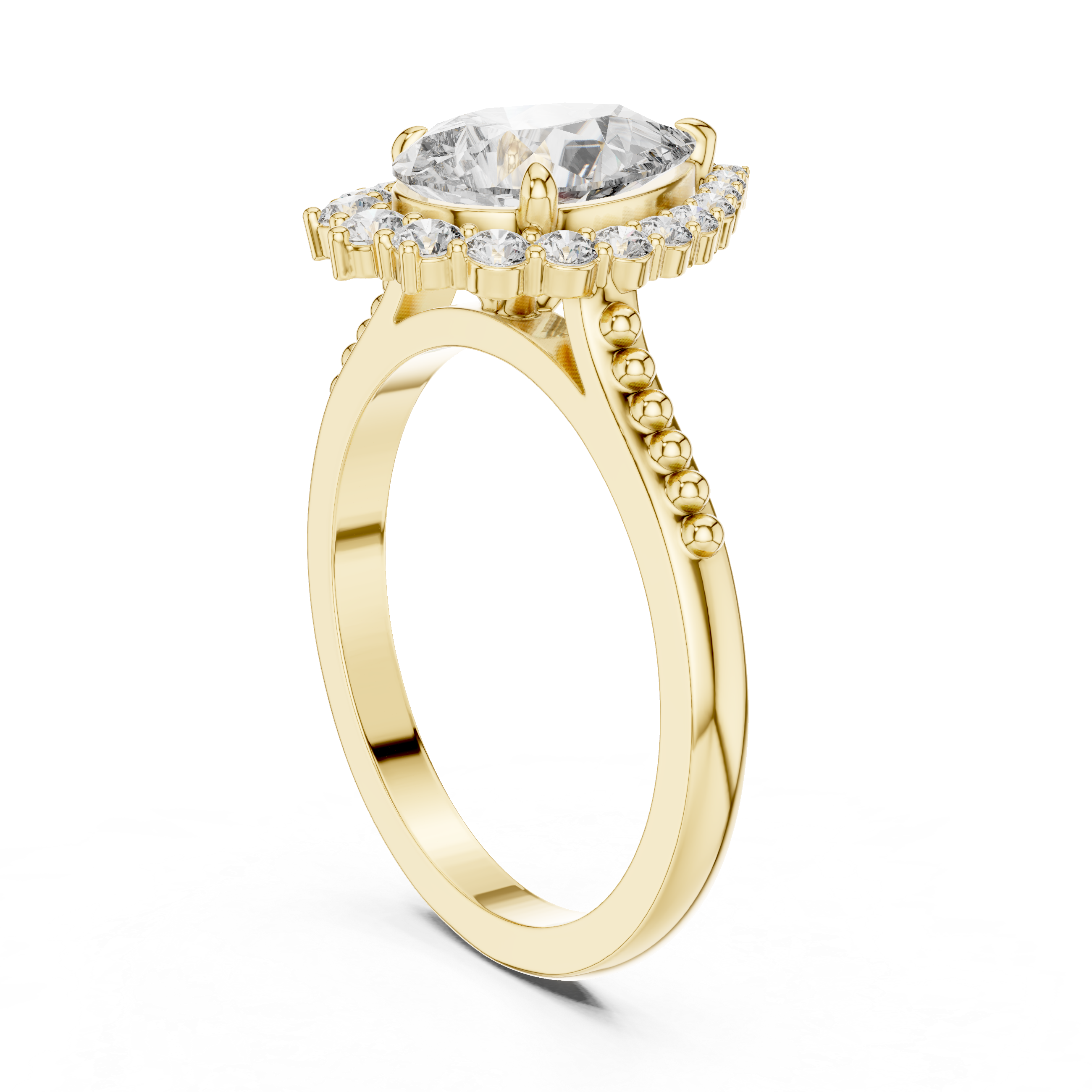 Pear-Shaped Halo Engagement Ring with Beaded Band Accents.