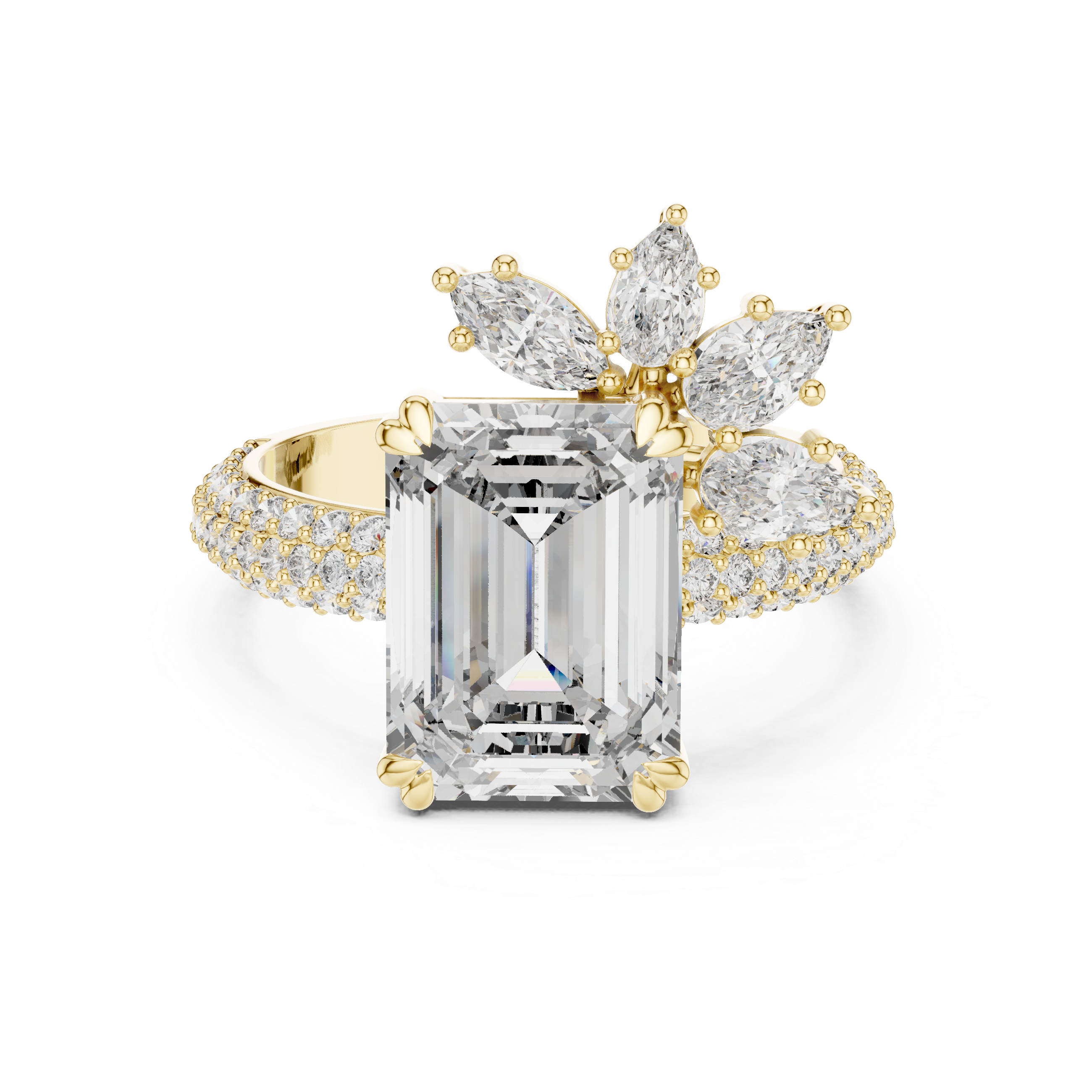 Emerald-Cut Diamond Engagement Ring with Pav? Band and Marquise Accent.