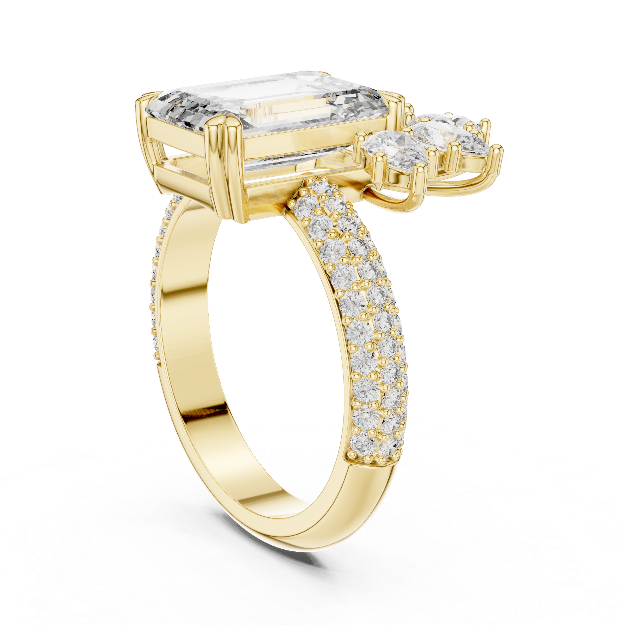 Emerald-Cut Diamond Engagement Ring with Pav? Band and Marquise Accent.