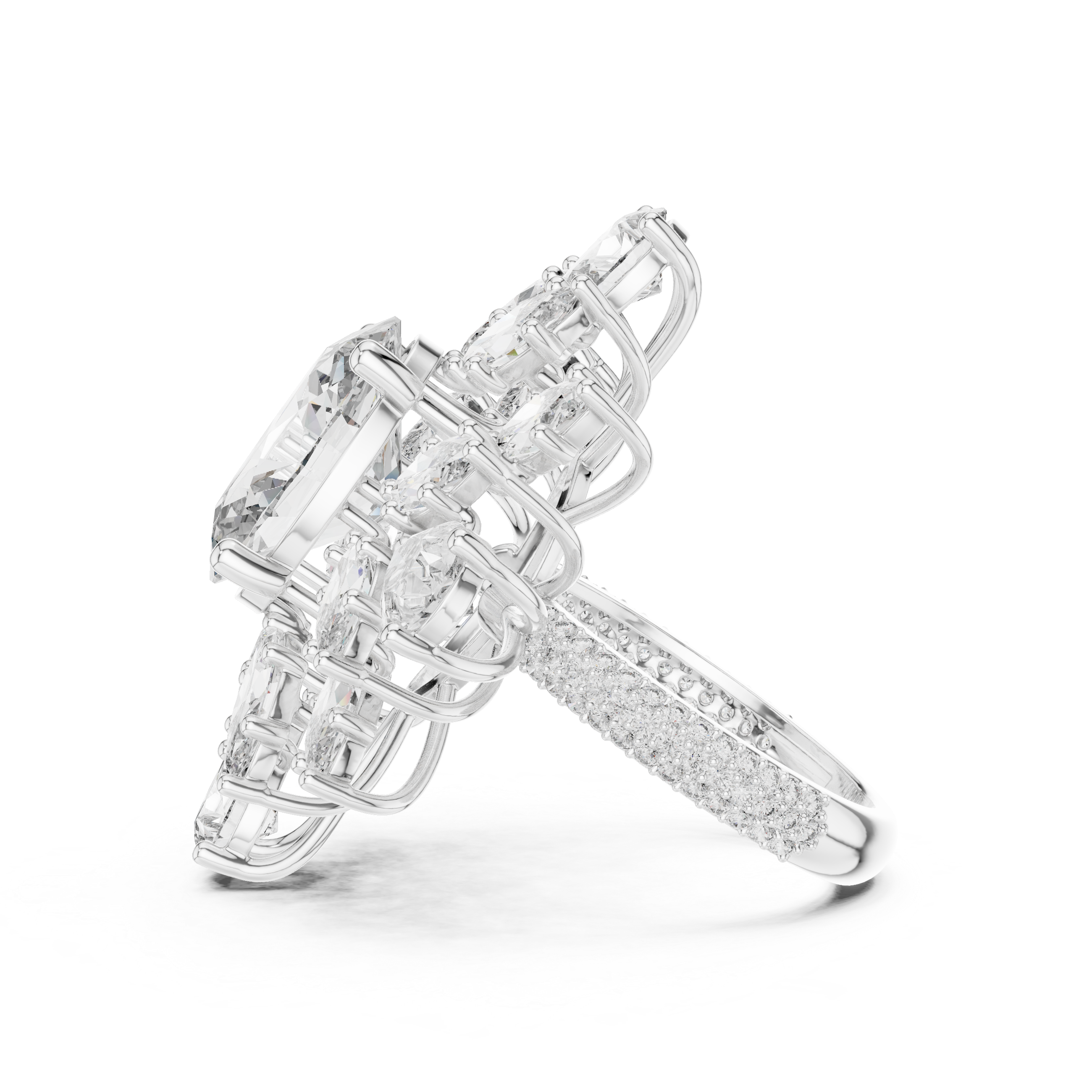 Floral Cluster Engagement Ring with Mixed-Cut Diamonds and Pav? Band.