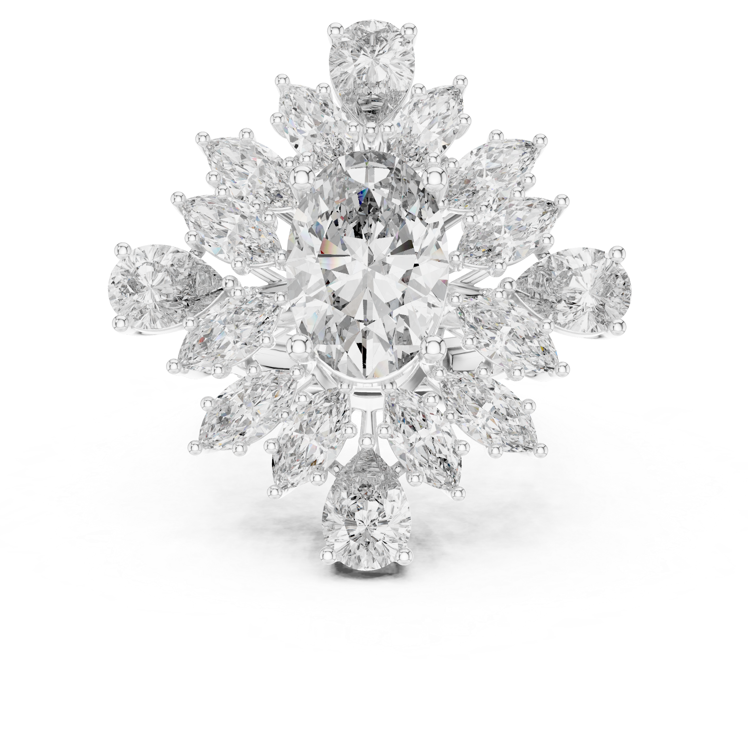 Floral Cluster Engagement Ring with Mixed-Cut Diamonds and Pav? Band.