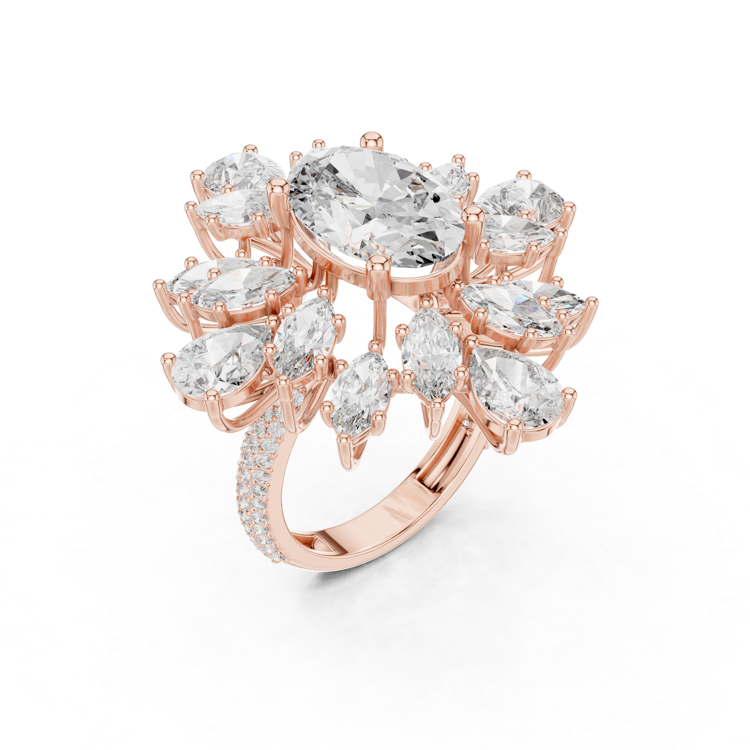 Floral Cluster Engagement Ring with Mixed-Cut Diamonds and Pav? Band.
