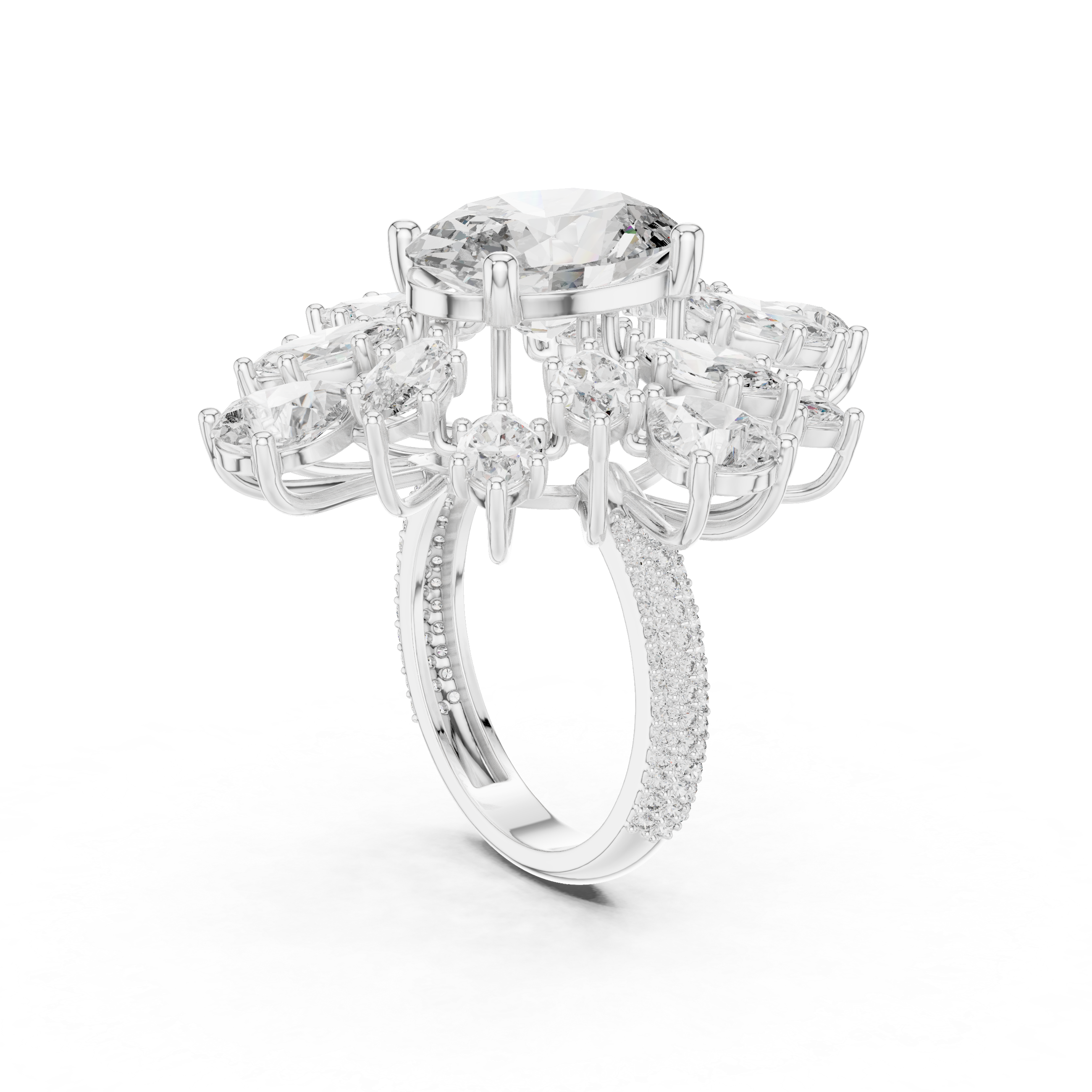 Floral Cluster Engagement Ring with Mixed-Cut Diamonds and Pav? Band.