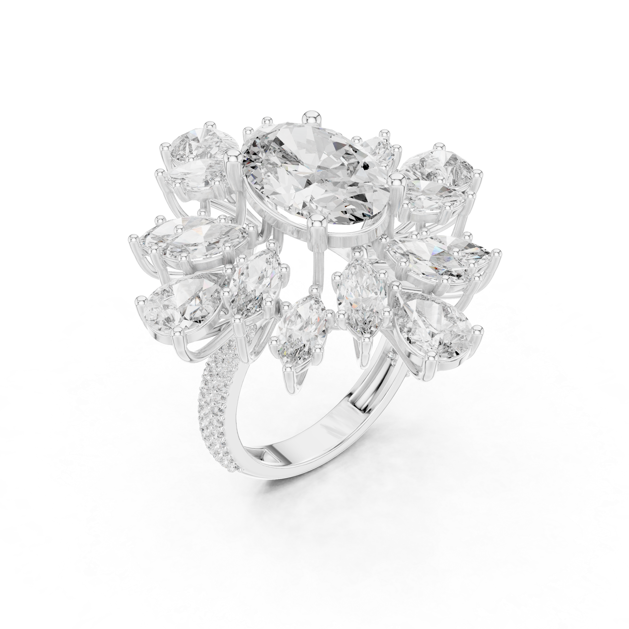 Floral Cluster Engagement Ring with Mixed-Cut Diamonds and Pav? Band.