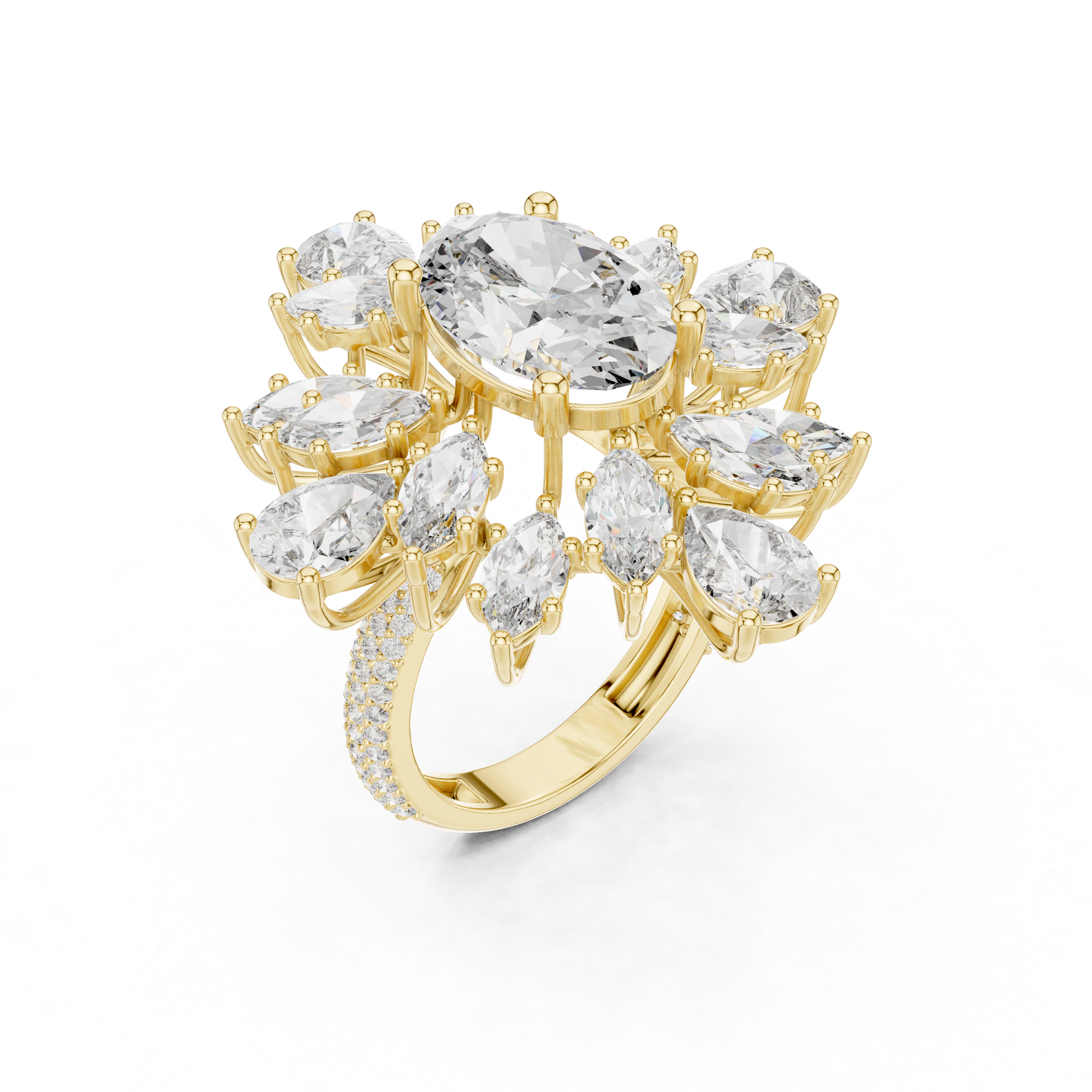 Floral Cluster Engagement Ring with Mixed-Cut Diamonds and Pav? Band.