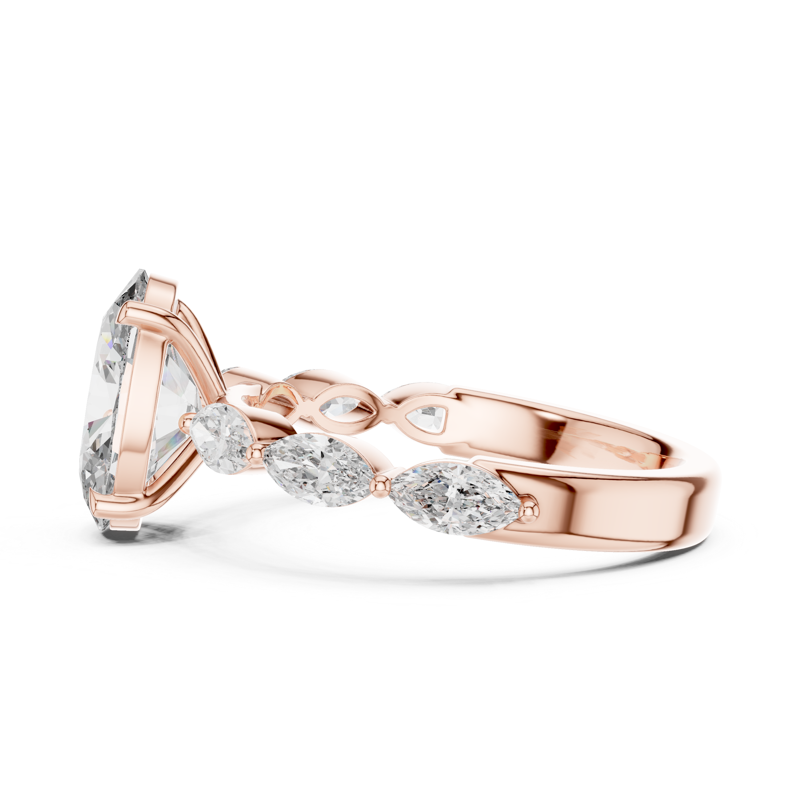 Oval-Cut Diamond Engagement Ring with Marquise-Cut Diamond Band.