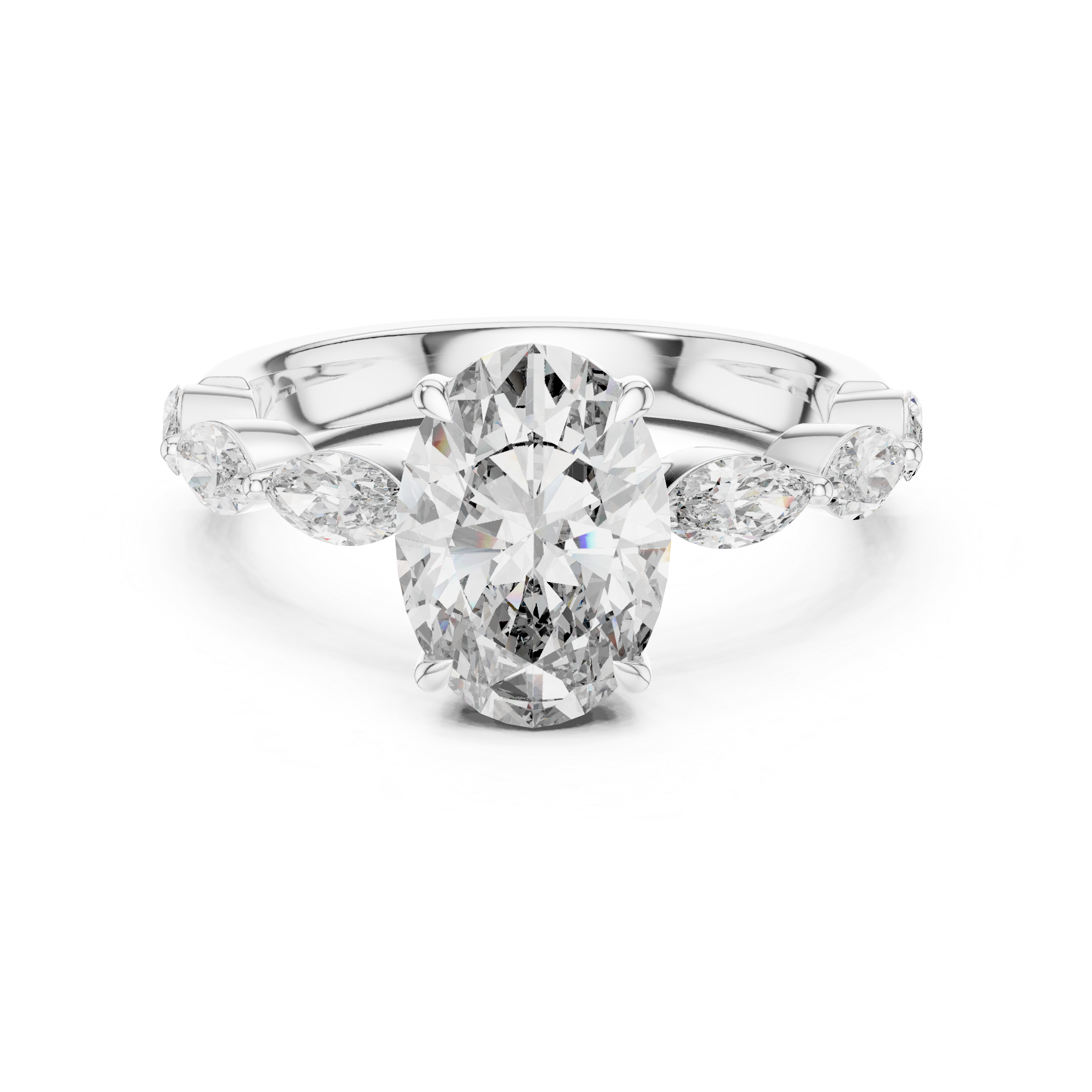 Oval-Cut Diamond Engagement Ring with Marquise-Cut Diamond Band.