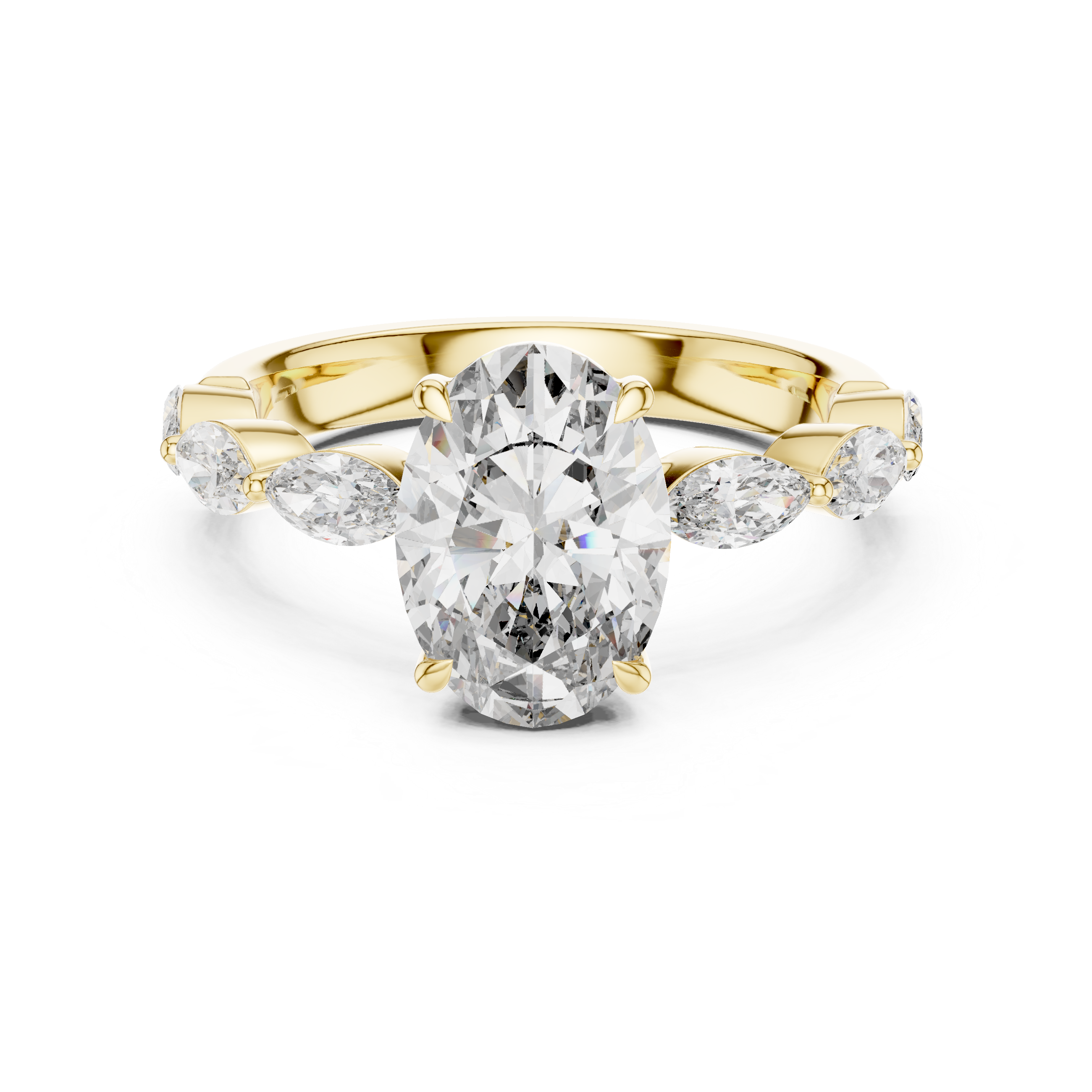 Oval-Cut Diamond Engagement Ring with Marquise-Cut Diamond Band.