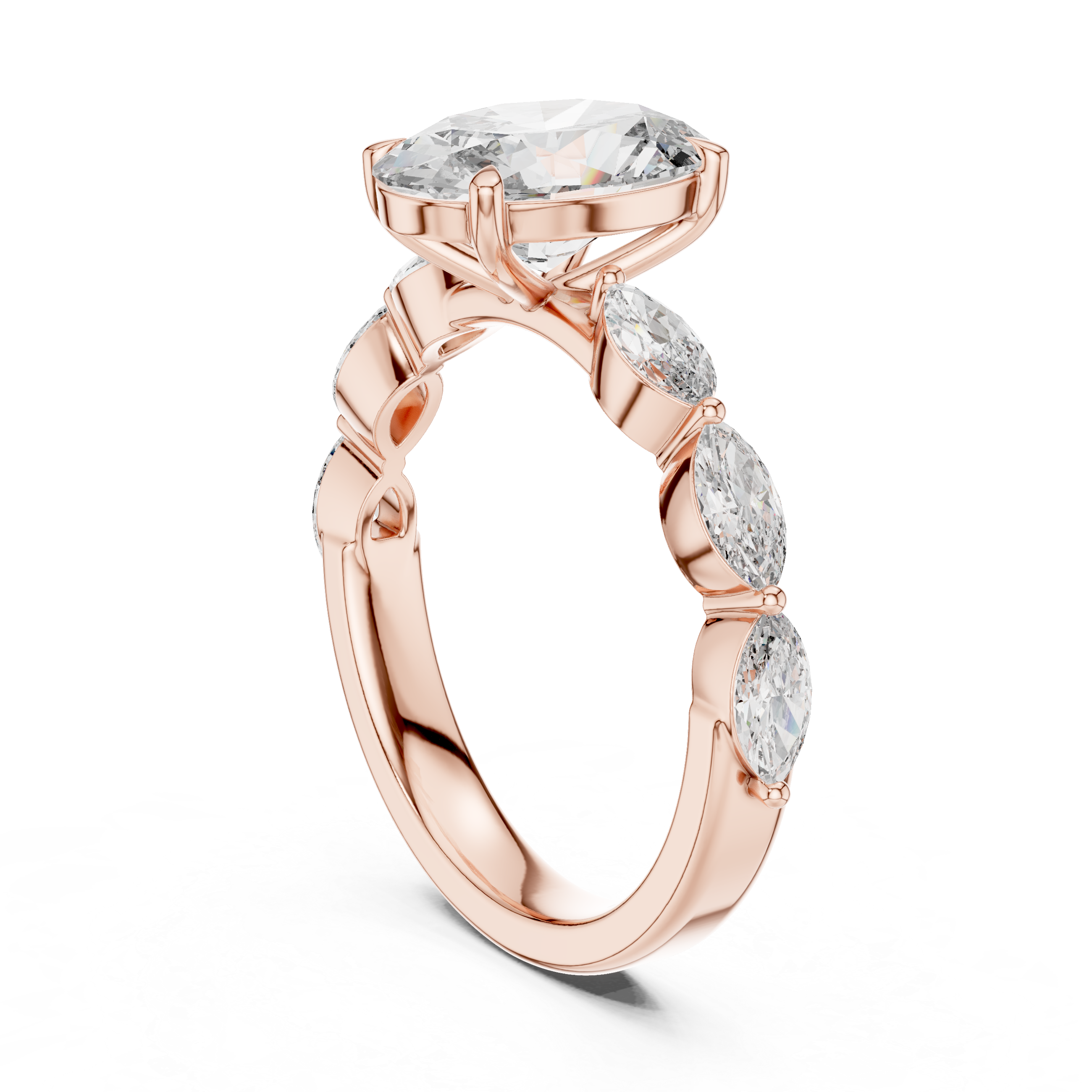 Oval-Cut Diamond Engagement Ring with Marquise-Cut Diamond Band.