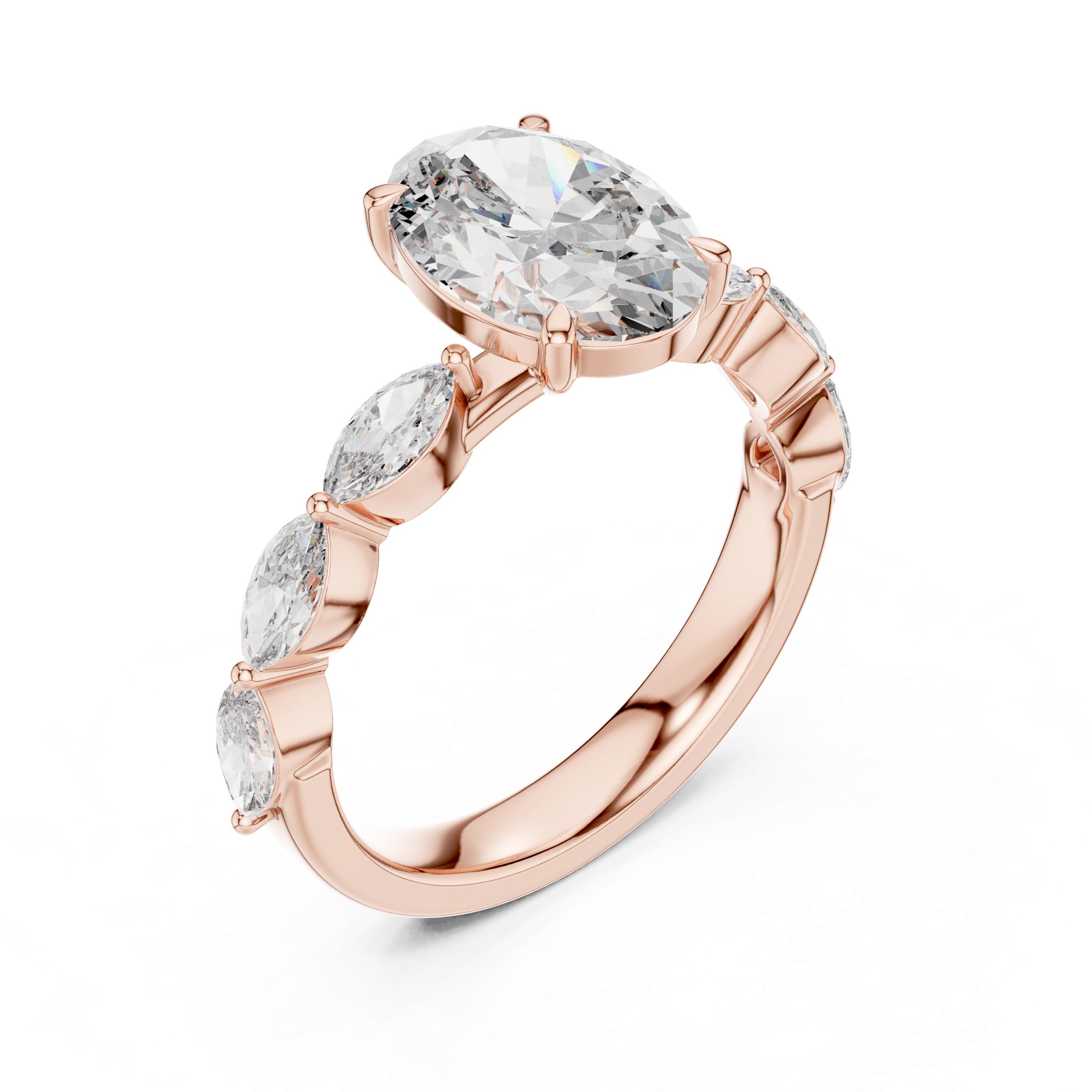 Oval-Cut Diamond Engagement Ring with Marquise-Cut Diamond Band.