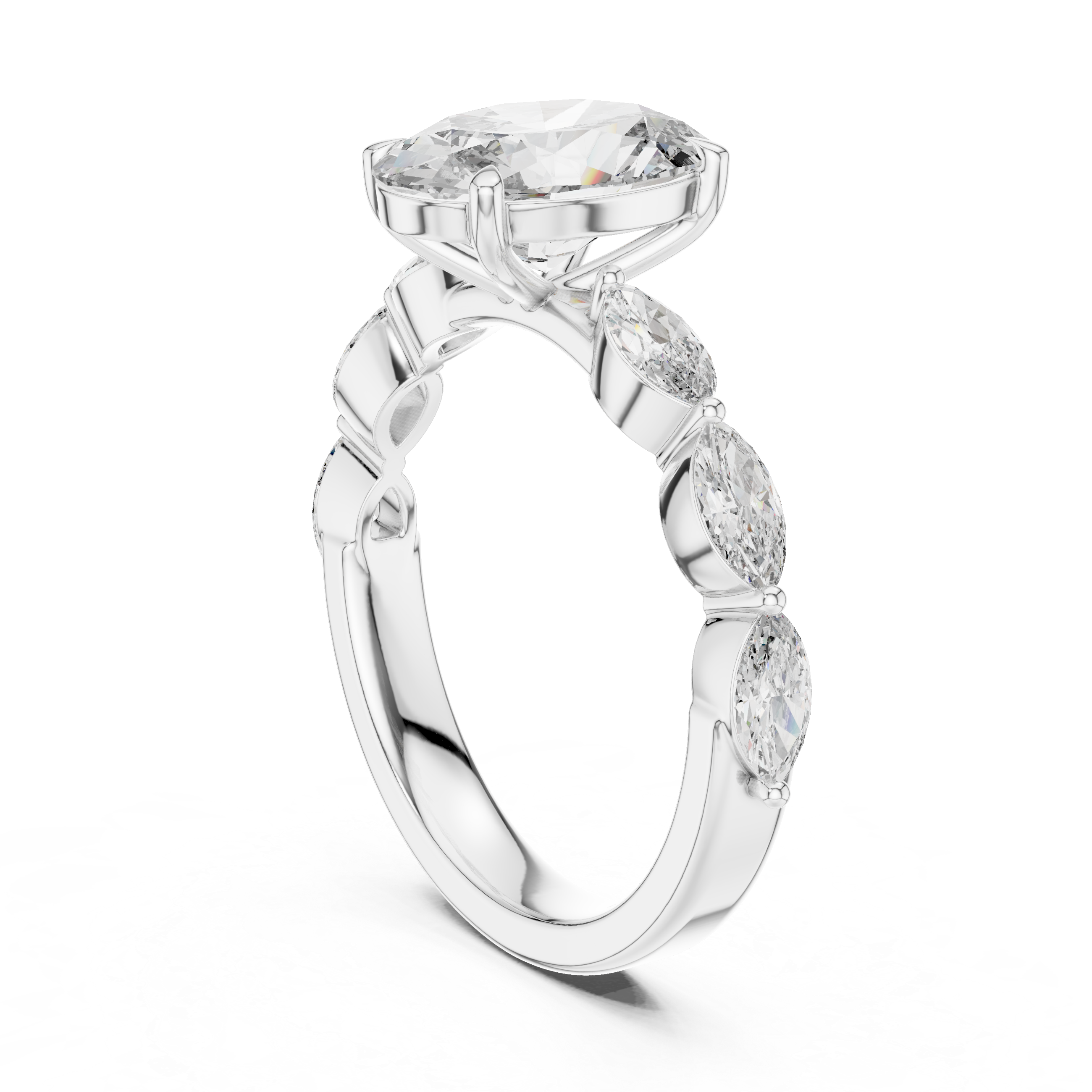 Oval-Cut Diamond Engagement Ring with Marquise-Cut Diamond Band.
