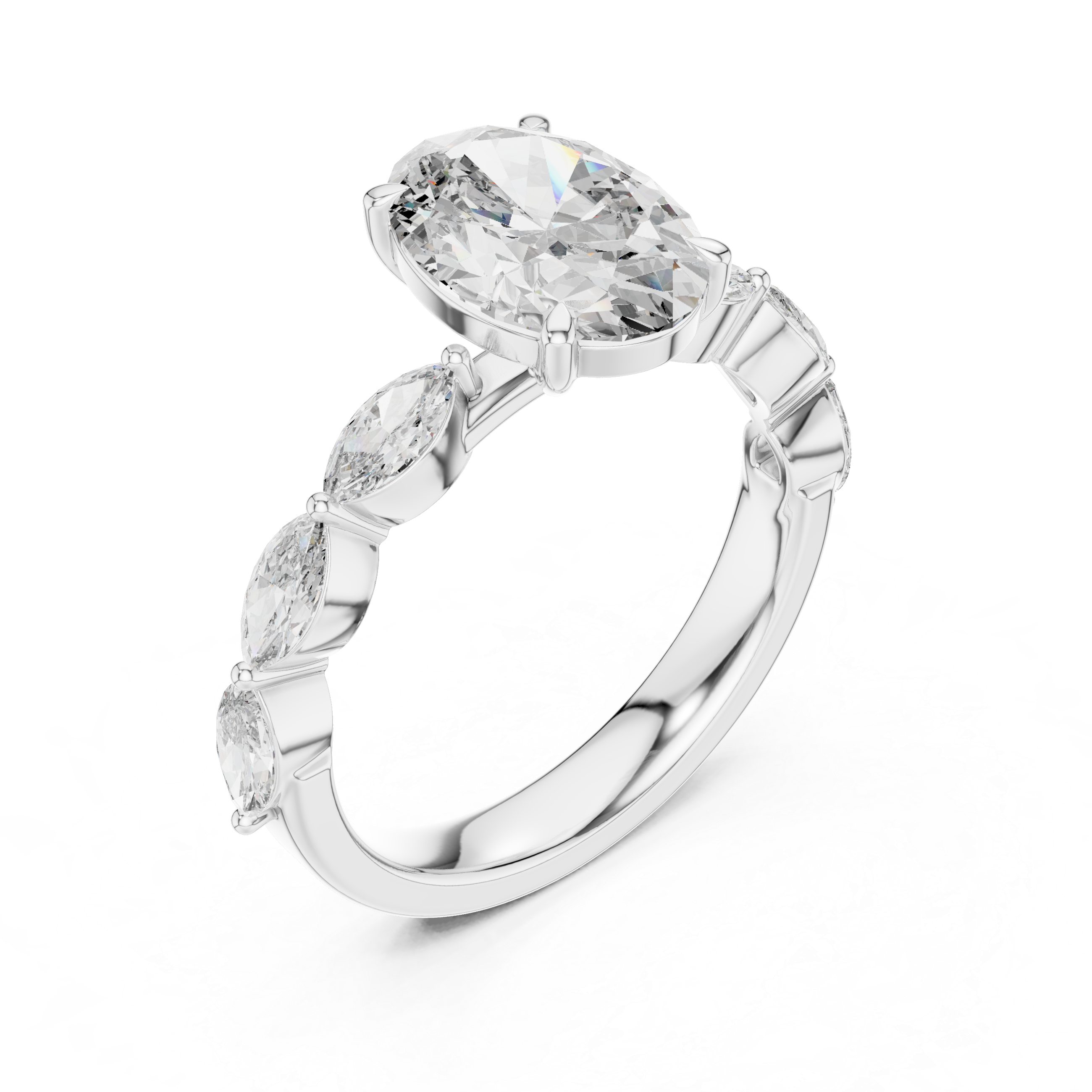 Oval-Cut Diamond Engagement Ring with Marquise-Cut Diamond Band.