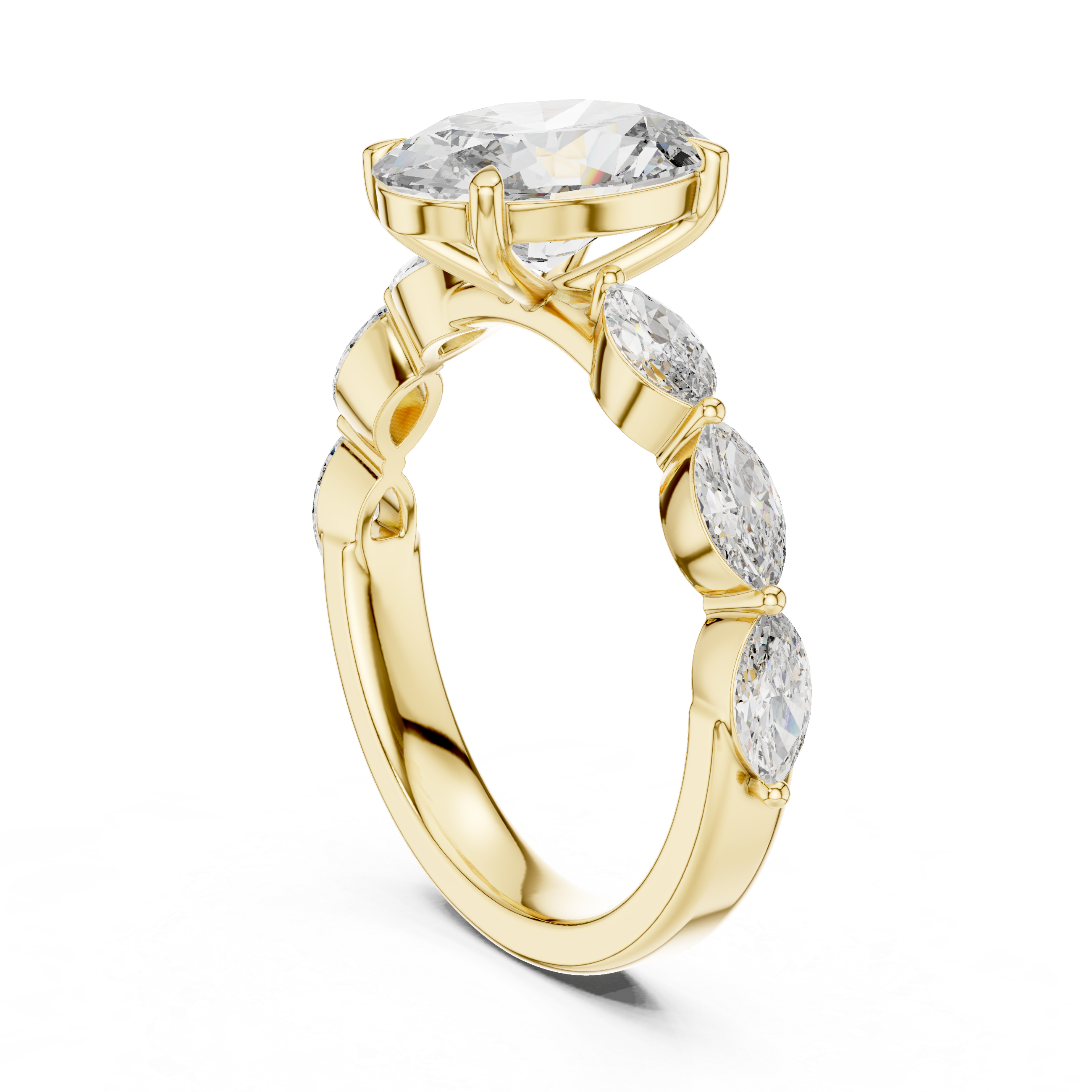 Oval-Cut Diamond Engagement Ring with Marquise-Cut Diamond Band.